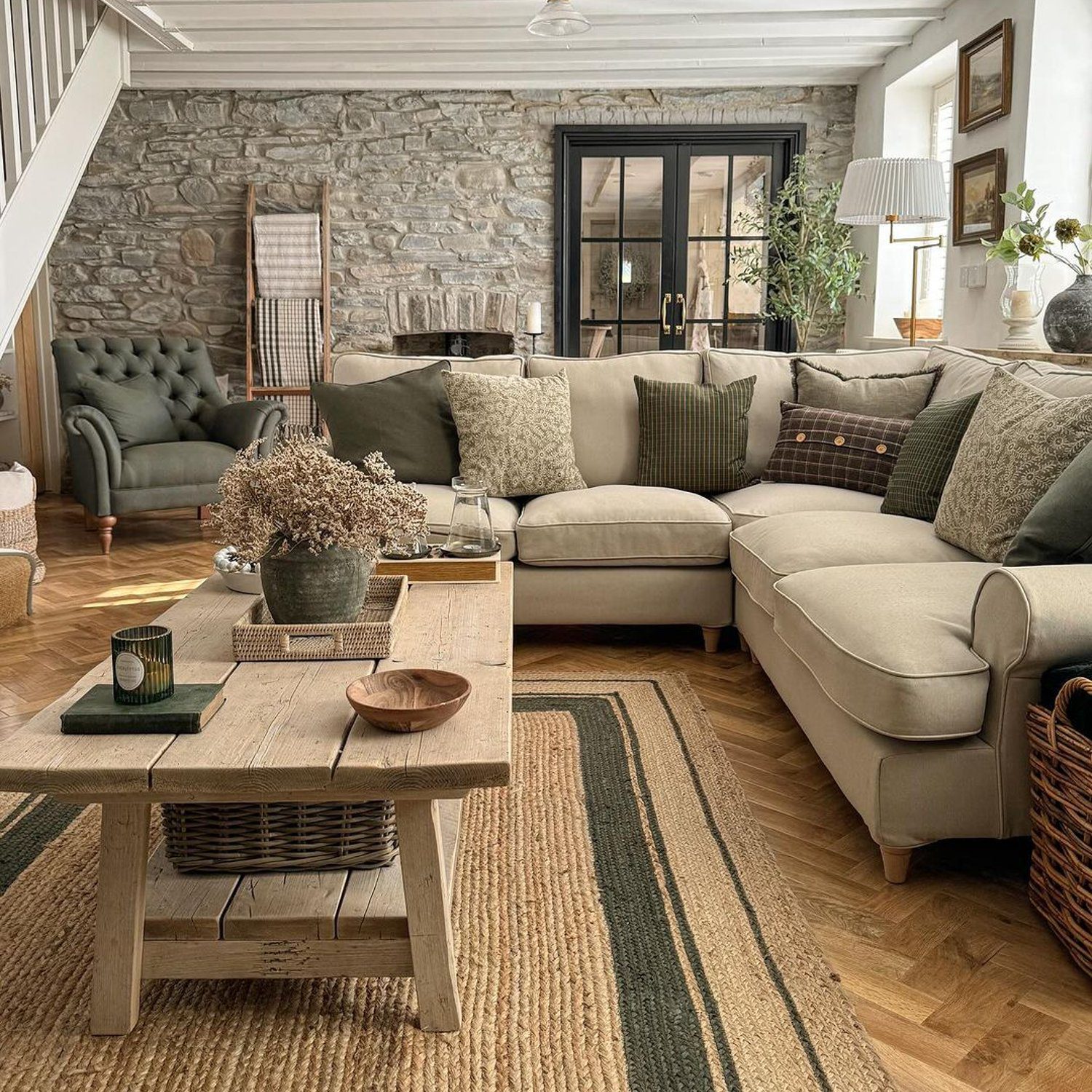 Cozy living room with stone wall accent