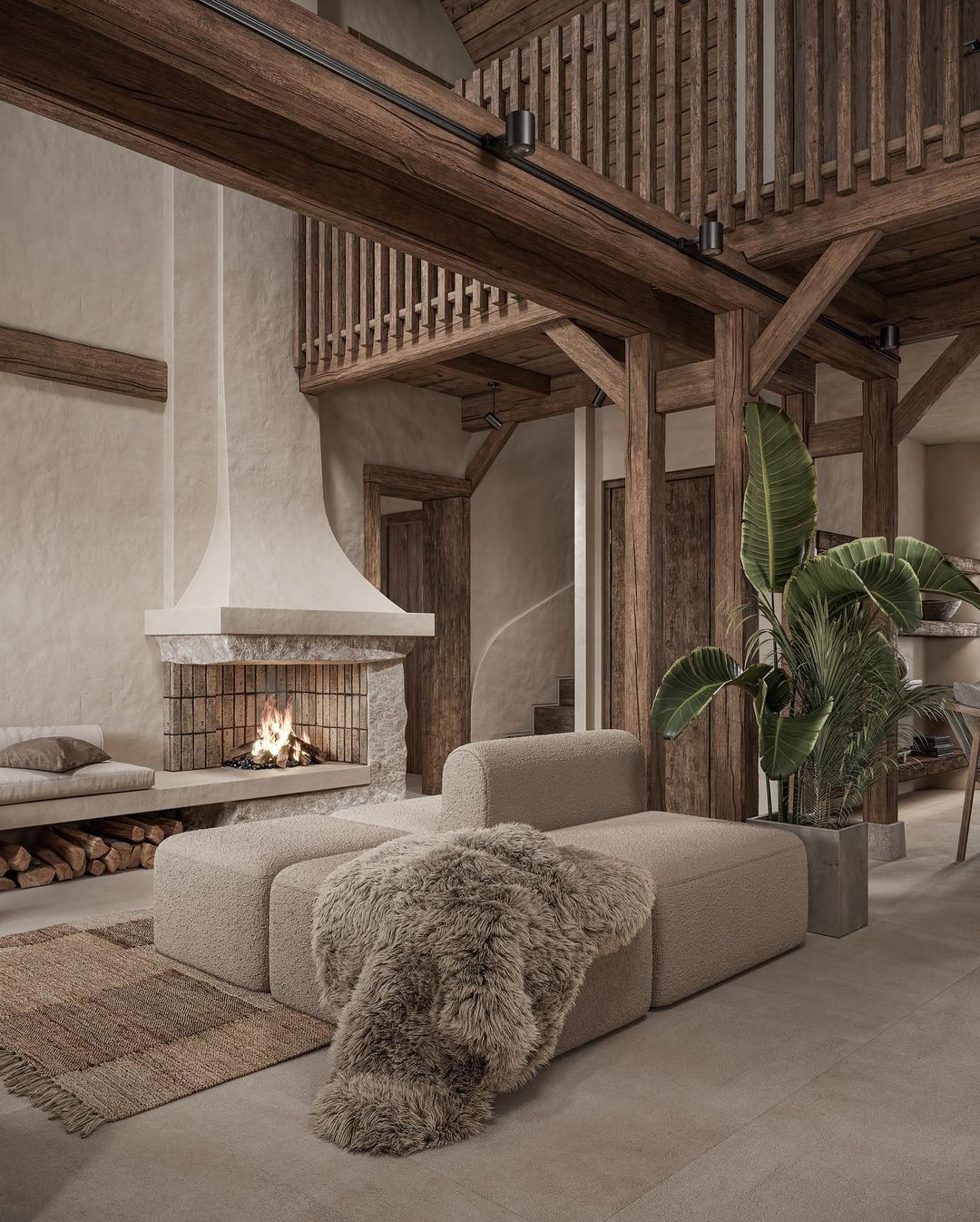 Warm and inviting living room with a touch of rustic elegance featuring a cozy fireplace