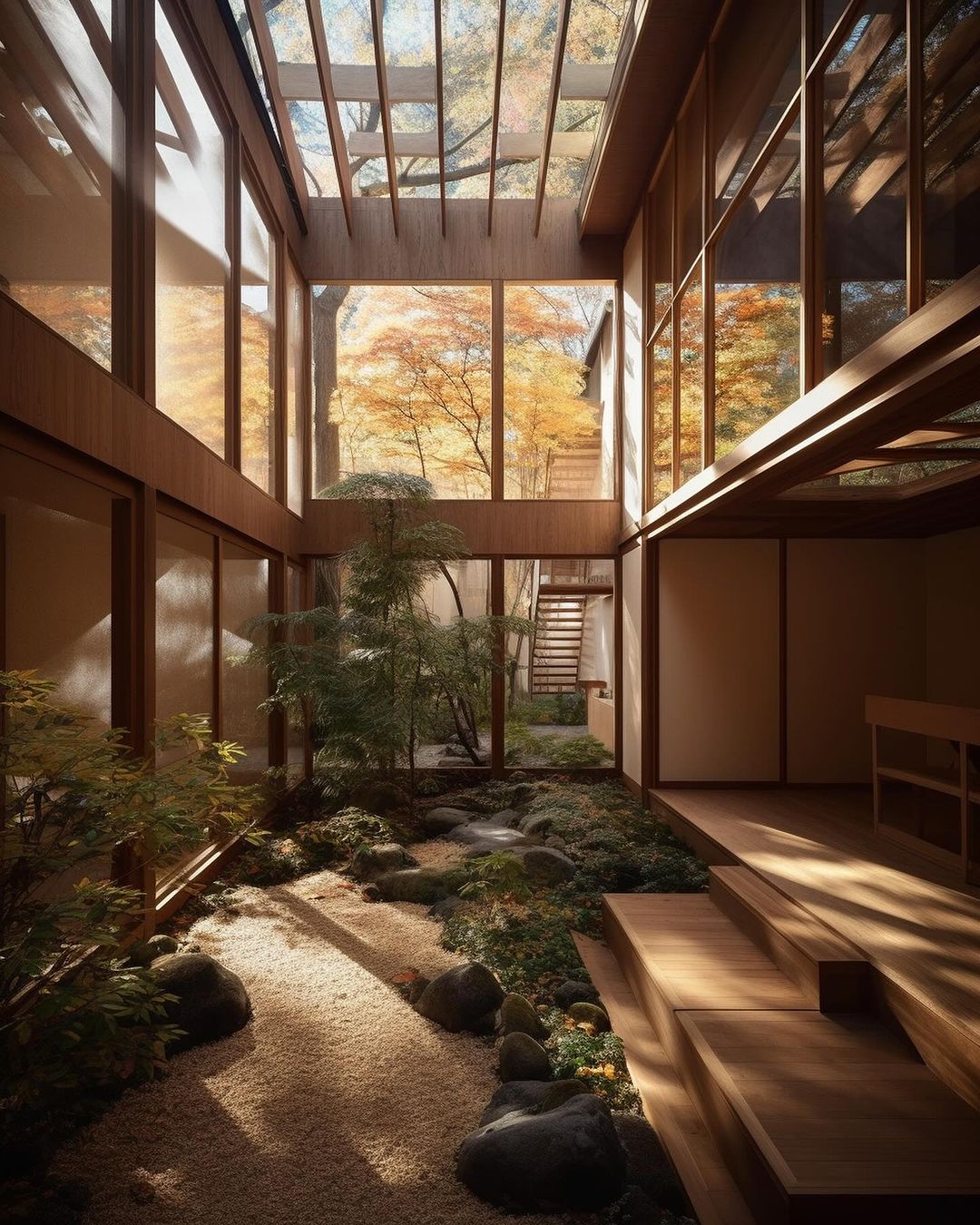 A harmoniously designed interior courtyard with a zen garden, framed by natural wood and large glass windows