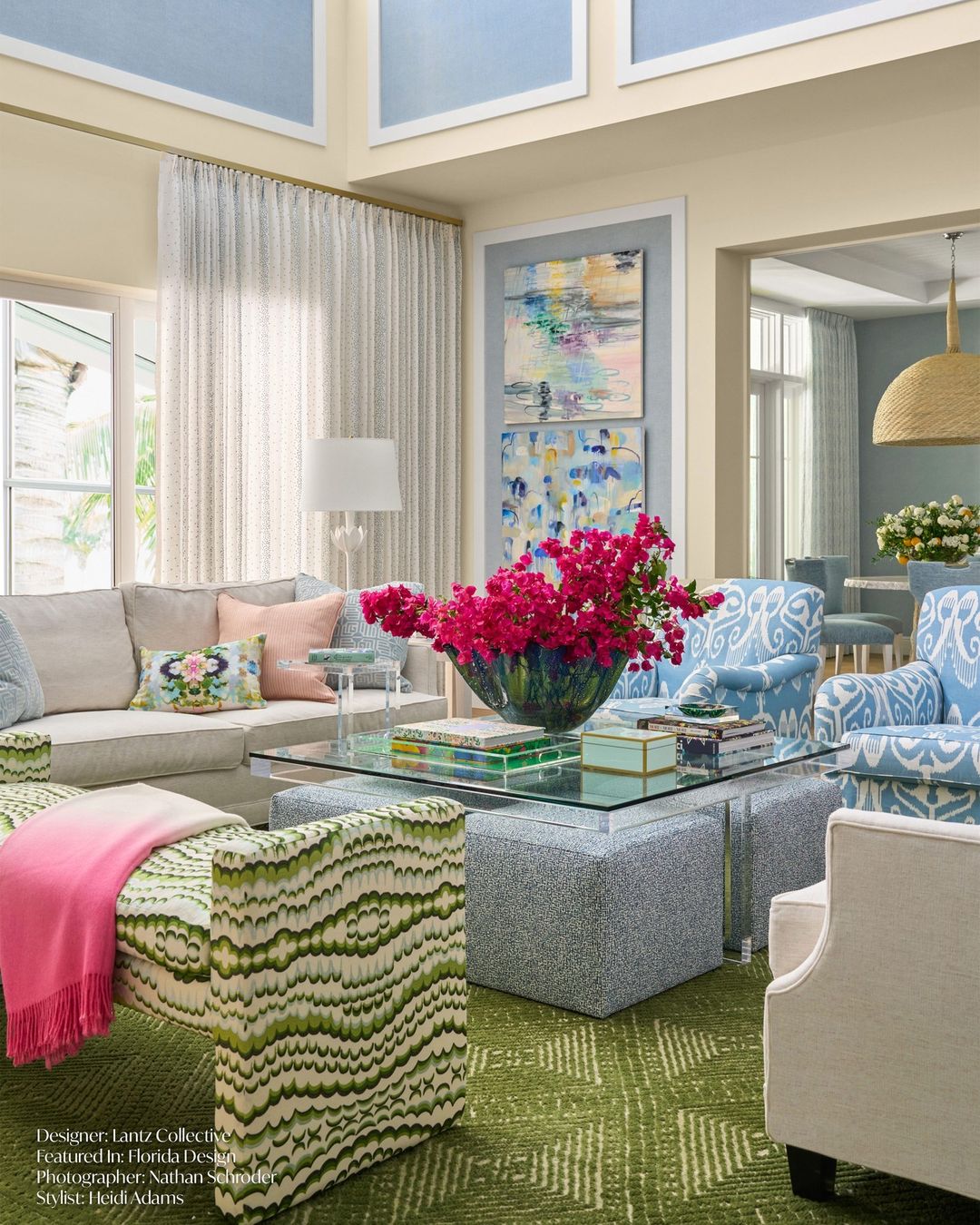 A vibrant and inviting living room featuring a bright aqua and green palette