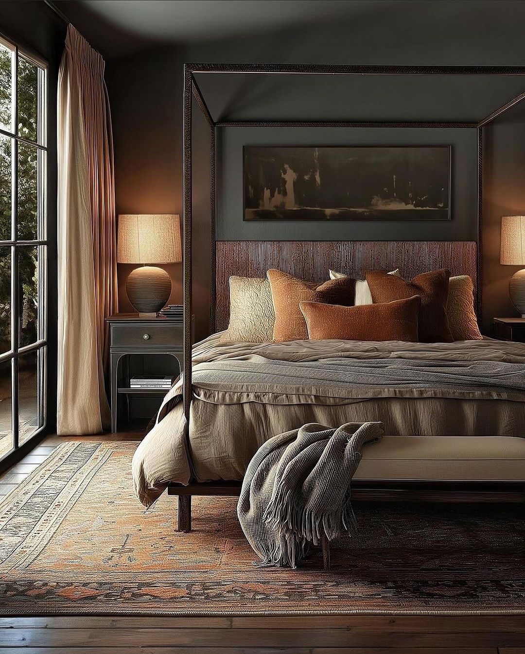 A tastefully designed bedroom with deep tones and rich textures