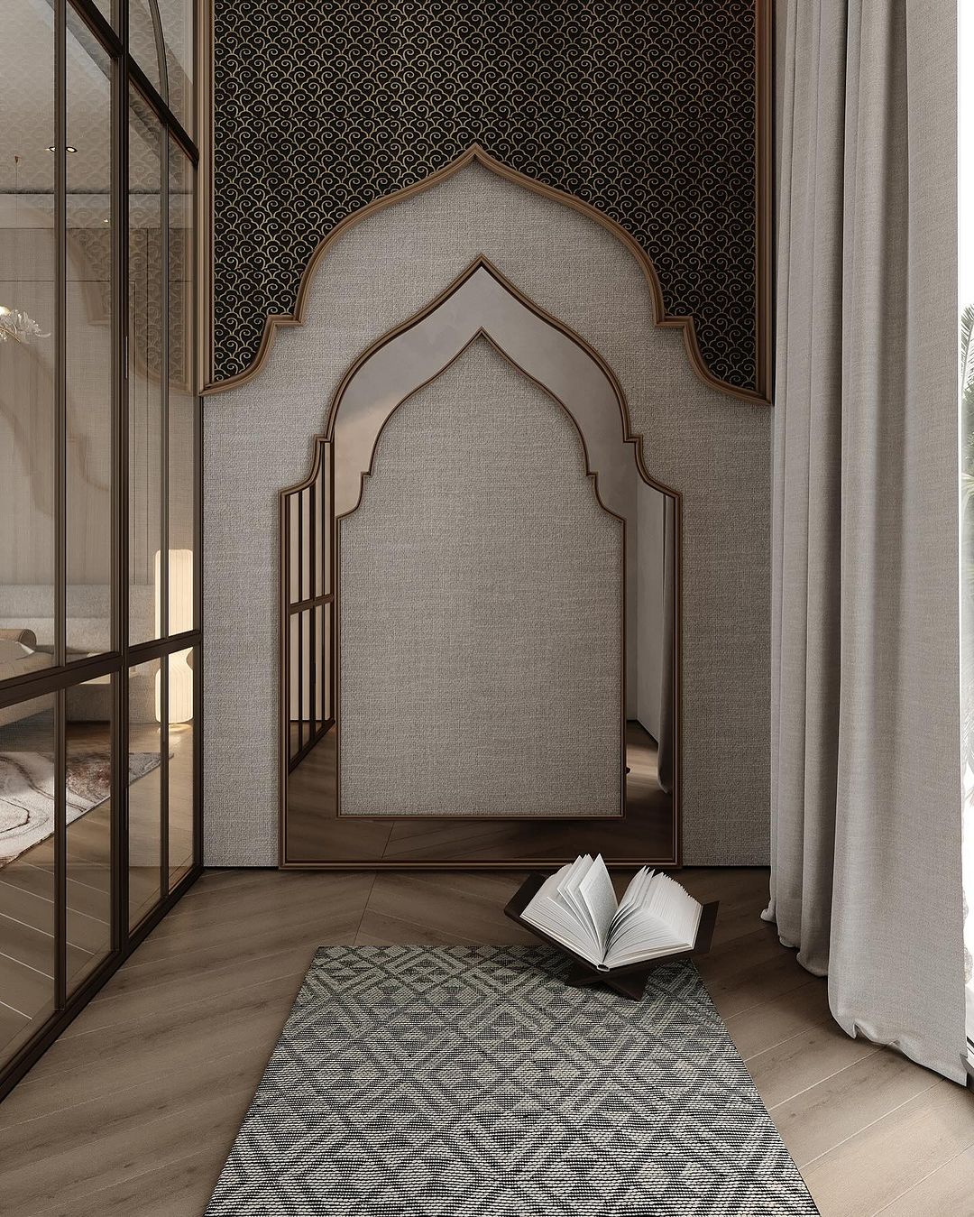 A serene reading nook with traditional Islamic arches, a textured rug, and a standout open book