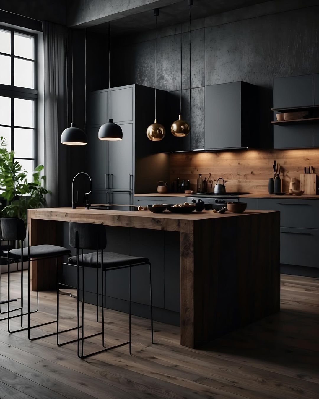 A modern, sleek kitchen with dark tones and wooden accents