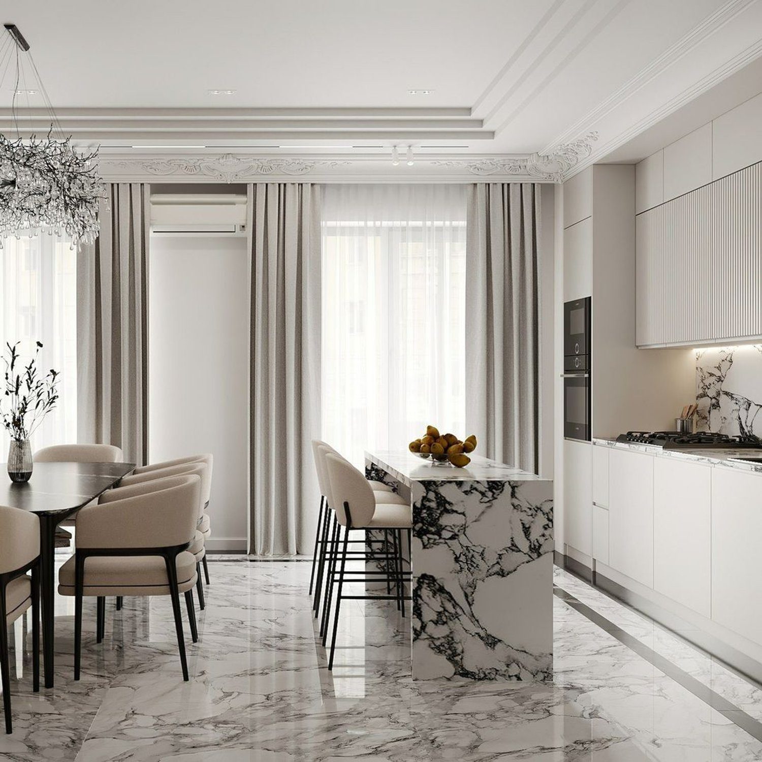 Elegant modern kitchen featuring marble details