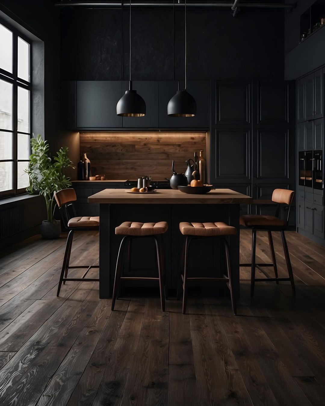 A modern kitchen with dark tones and wood accents