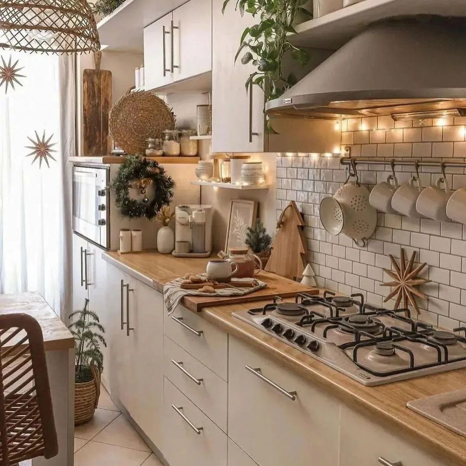 Cozy kitchen with warm lighting and natural elements