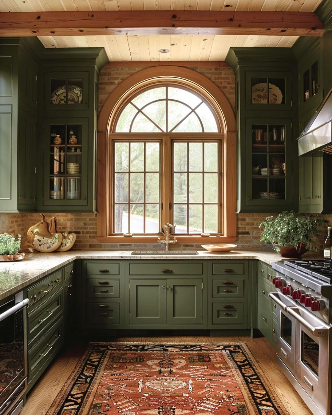 A warm and inviting kitchen space with arched window