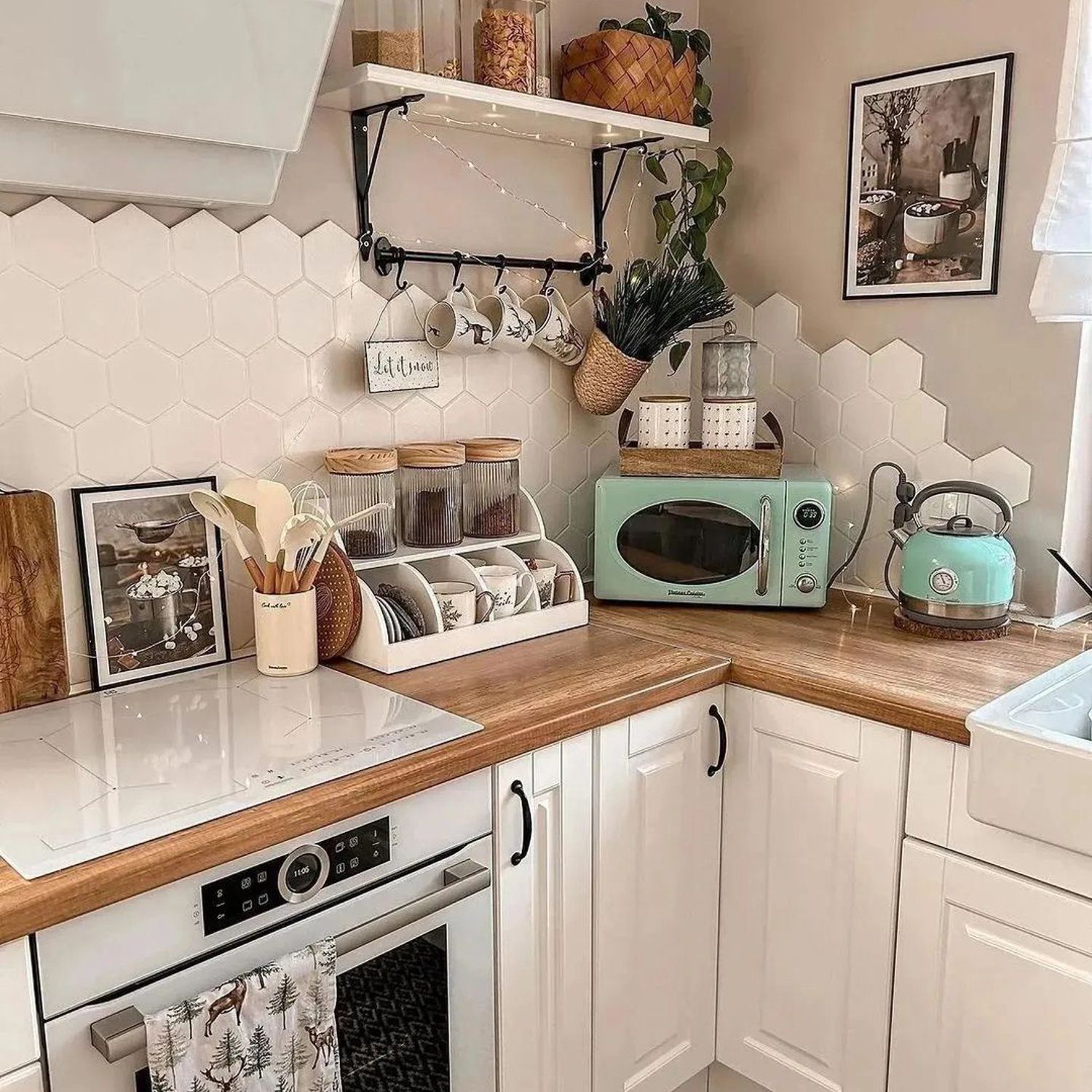 A well-organized kitchen corner with white hexagonal tiles