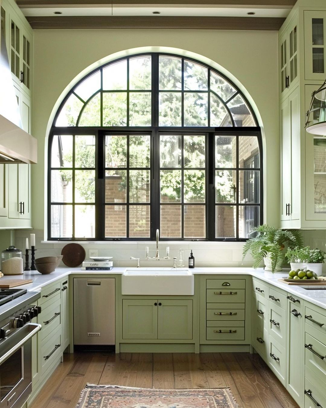 A serene kitchen design featuring an arched window