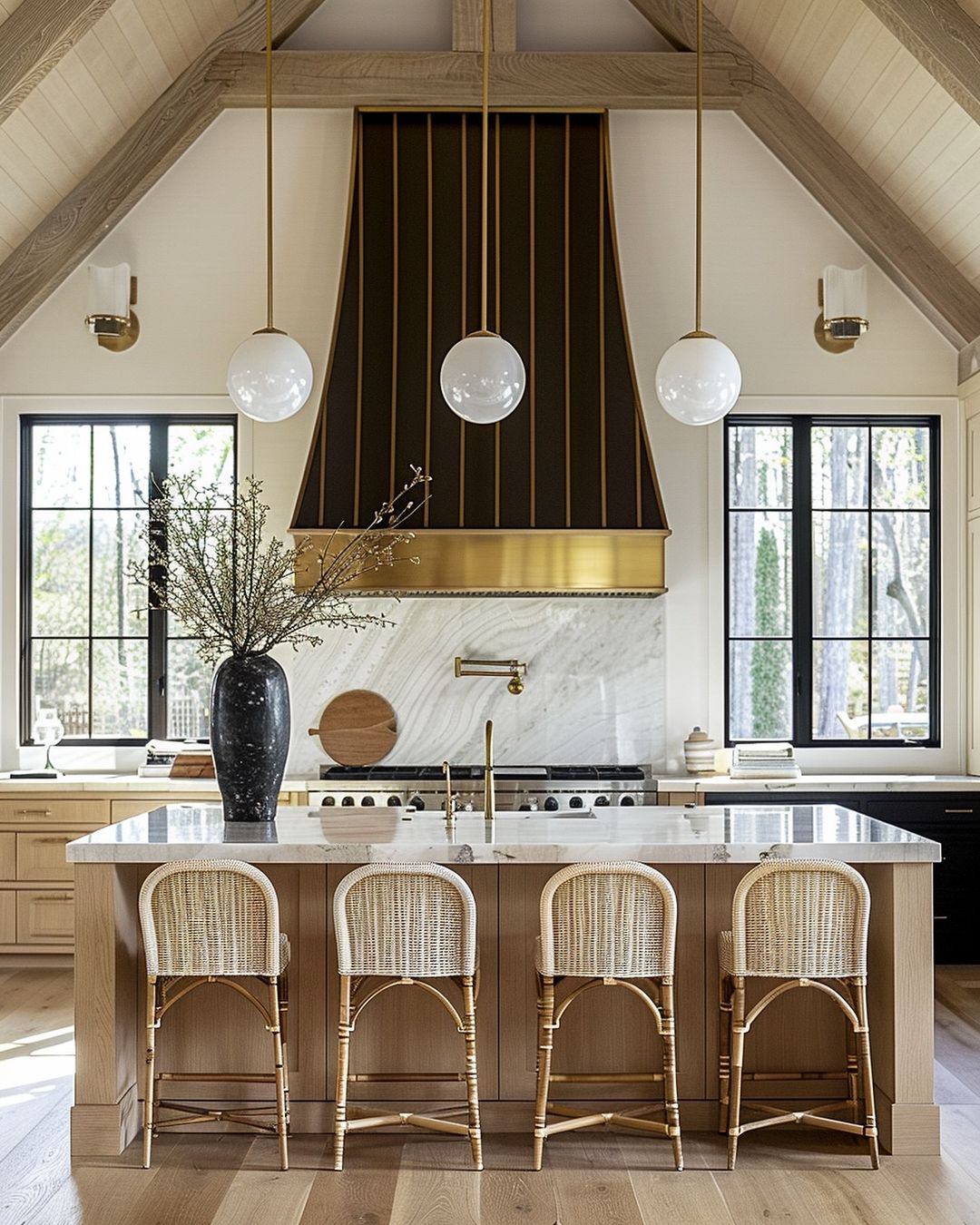 A spacious kitchen with a modern farmhouse aesthetic