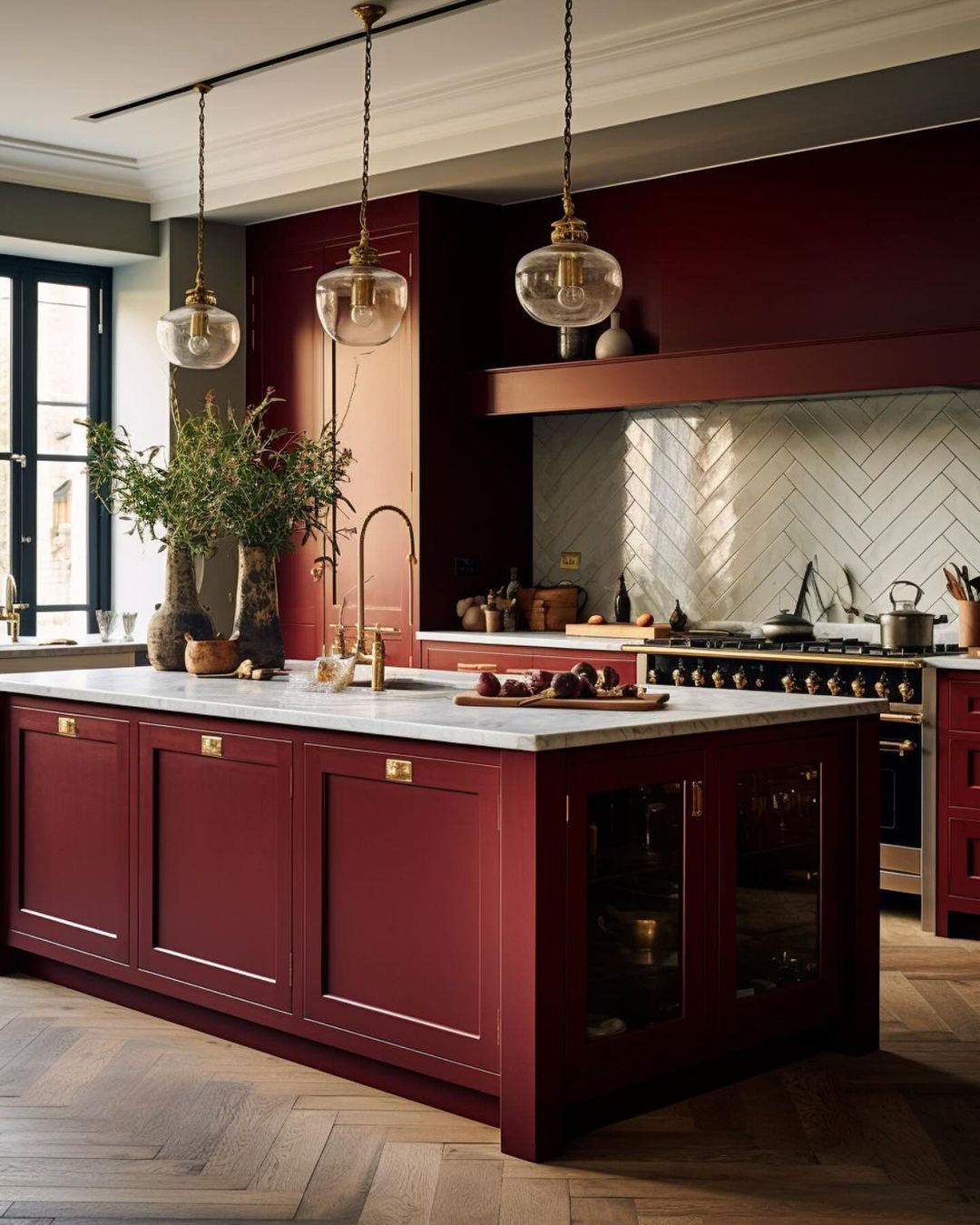 A sophisticated kitchen with rich maroon cabinetry and brass accents