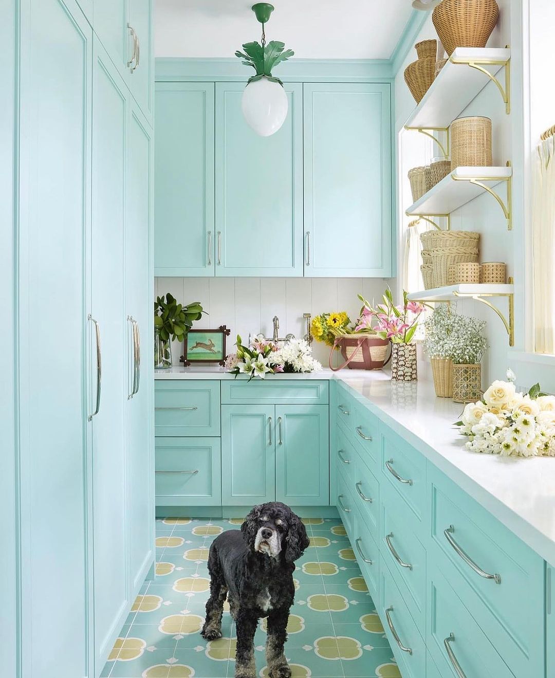 A cozy kitchen featuring pastel mint cabinetry