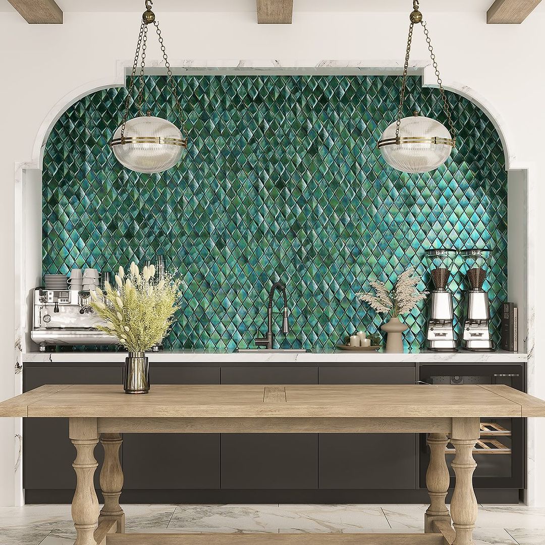 Stunning turquoise kitchen backsplash in a fish scale pattern