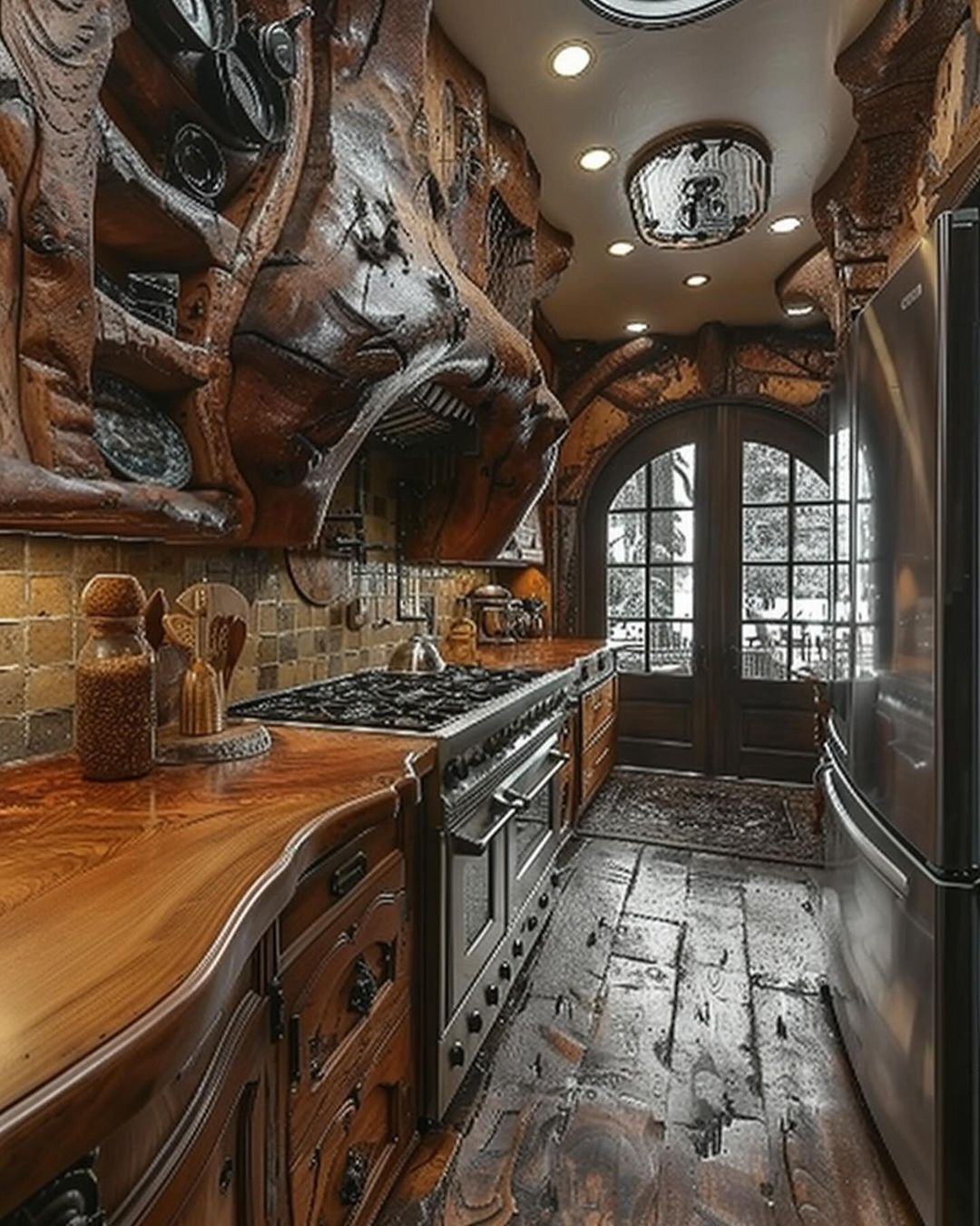 A uniquely designed kitchen with intricate wood carvings