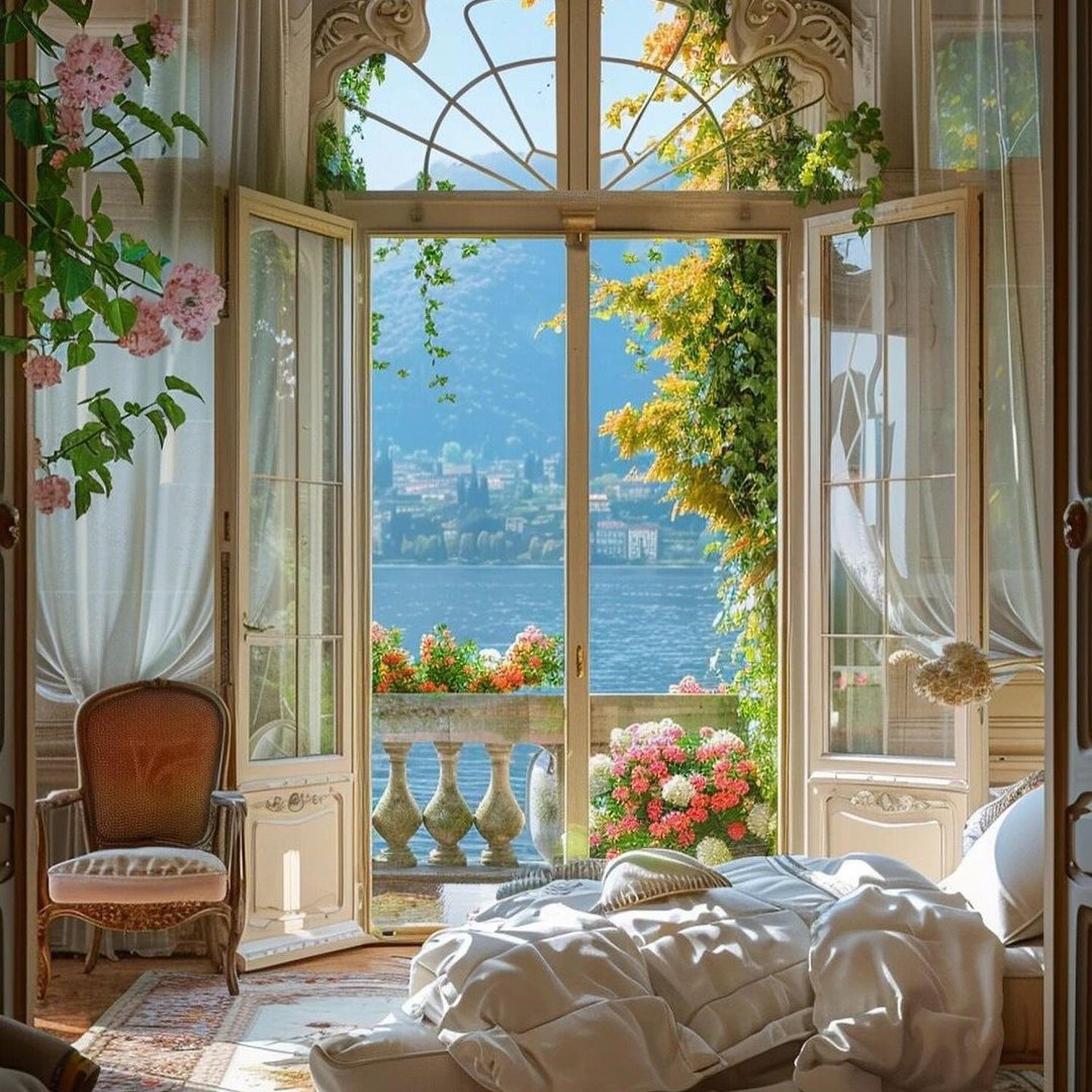 A serene lakeside view through an ornate window