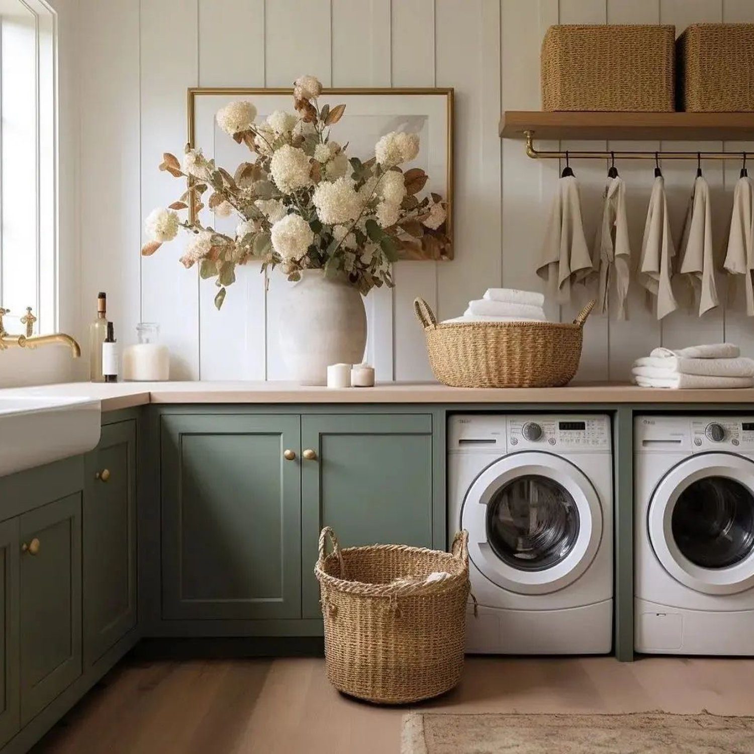 Elegant laundry room design with pastel tones and natural textures