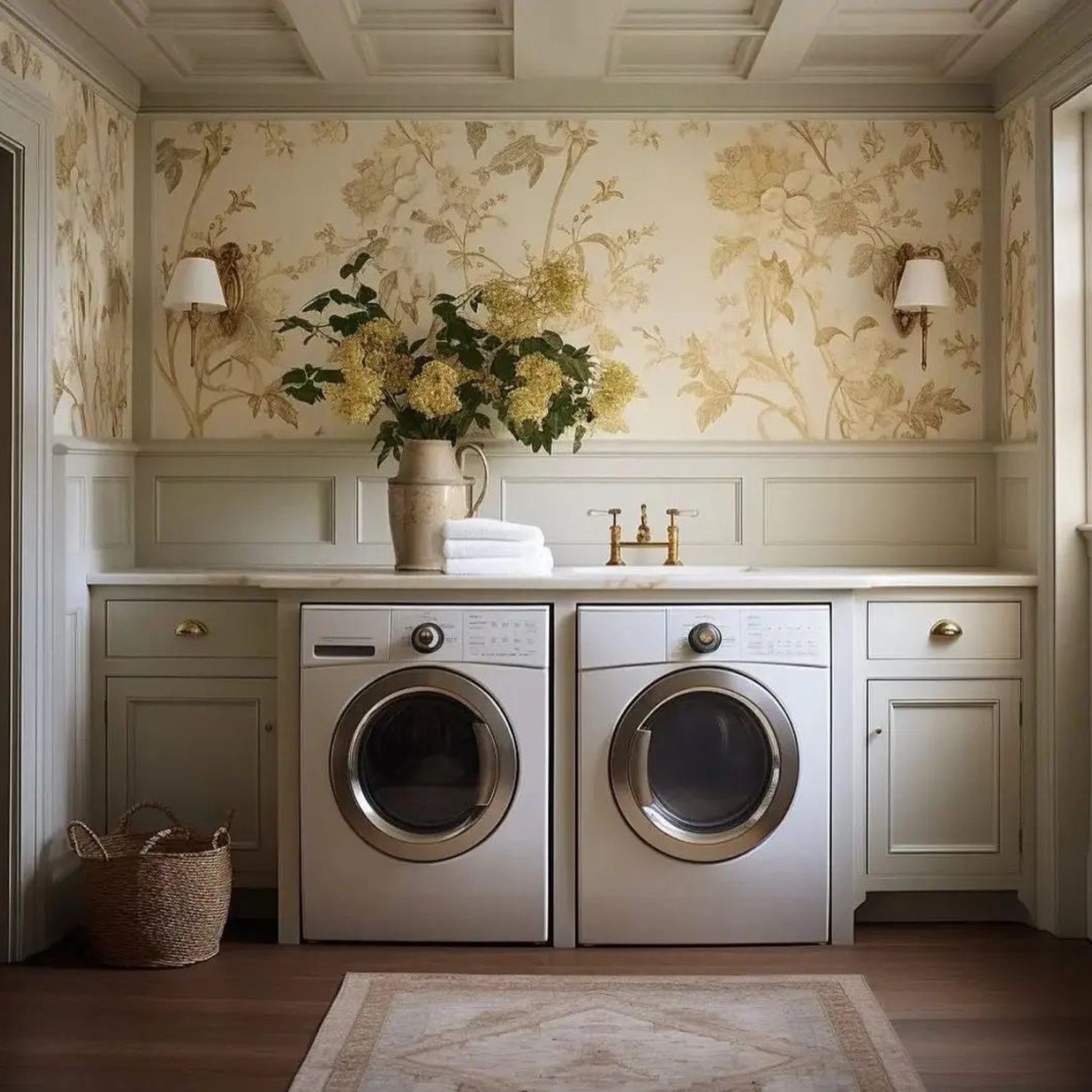 Elegant laundry room design featuring sophisticated cabinetry and floral wallpaper.