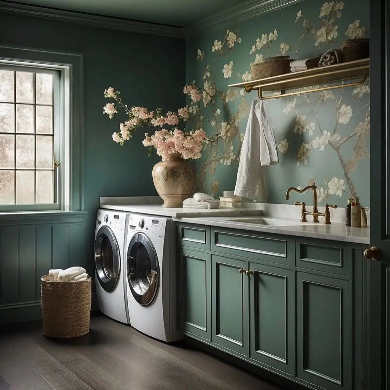 Elegant laundry room design with pastel floral wallpaper and teal cabinetry