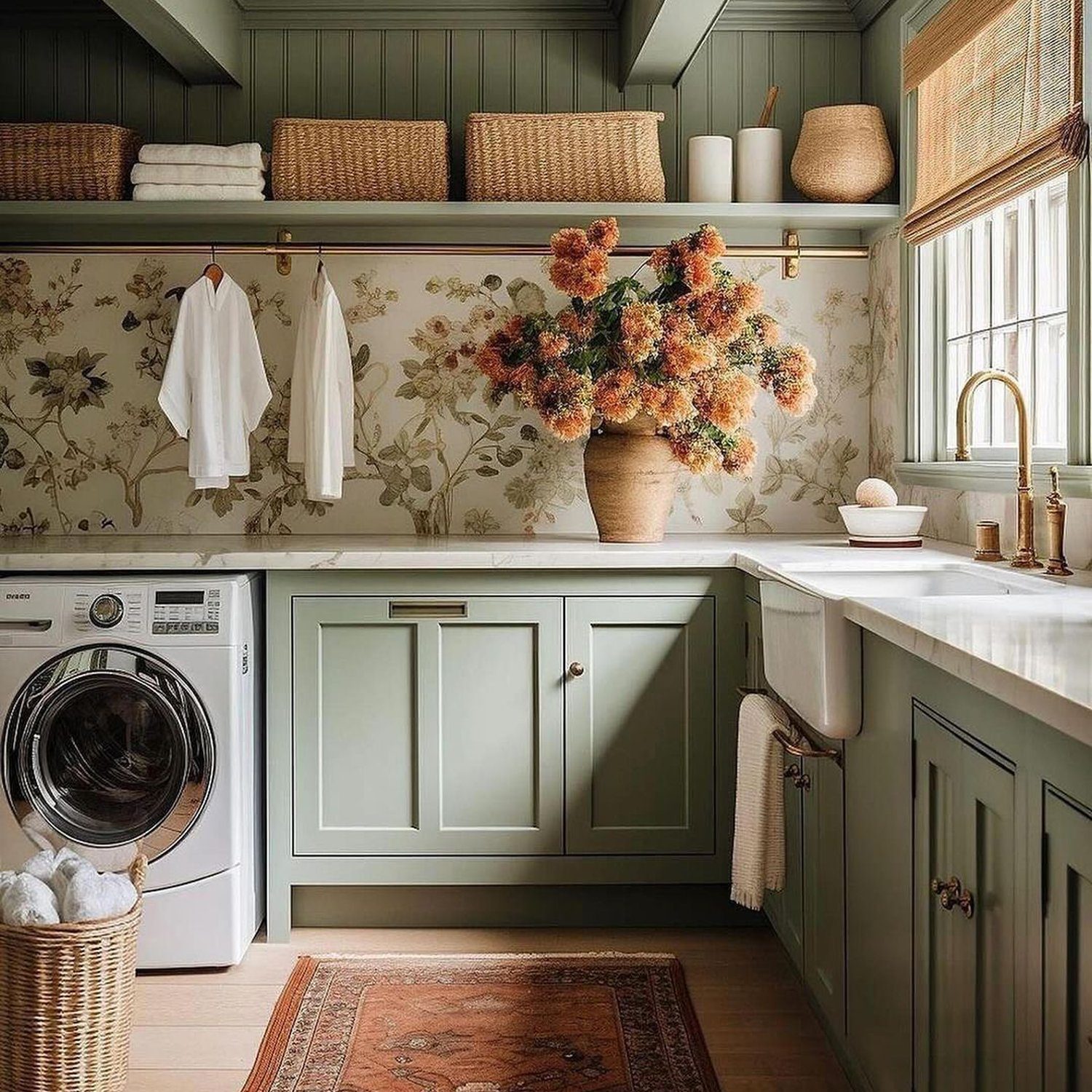 Charming laundry room with sage green cabinetry and floral wallpaper