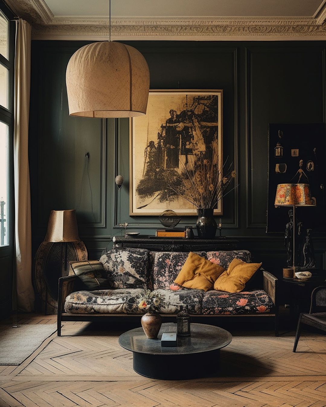 A harmoniously designed living room with dark green walls and a parquet floor