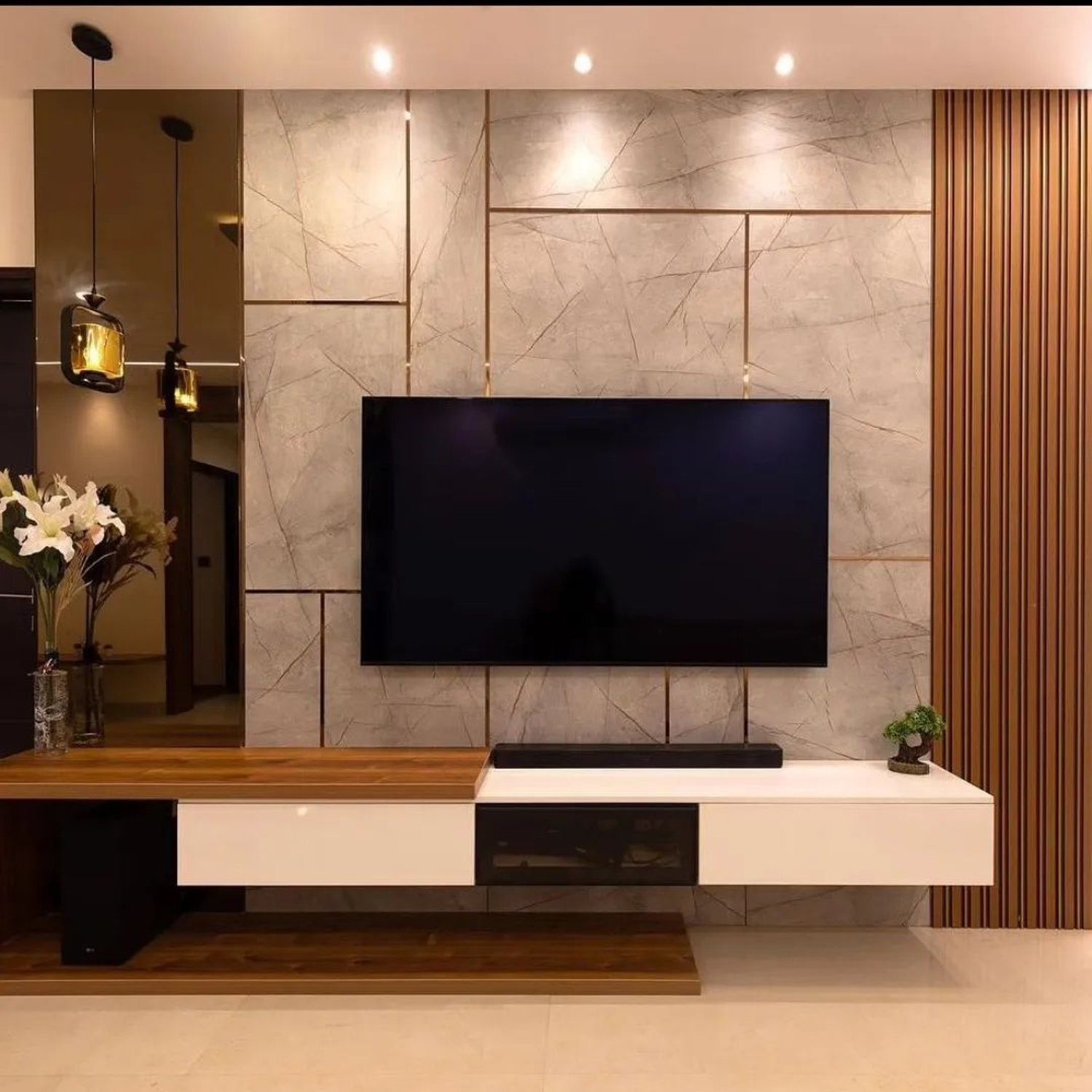 Elegant and modern living room with a mounted TV