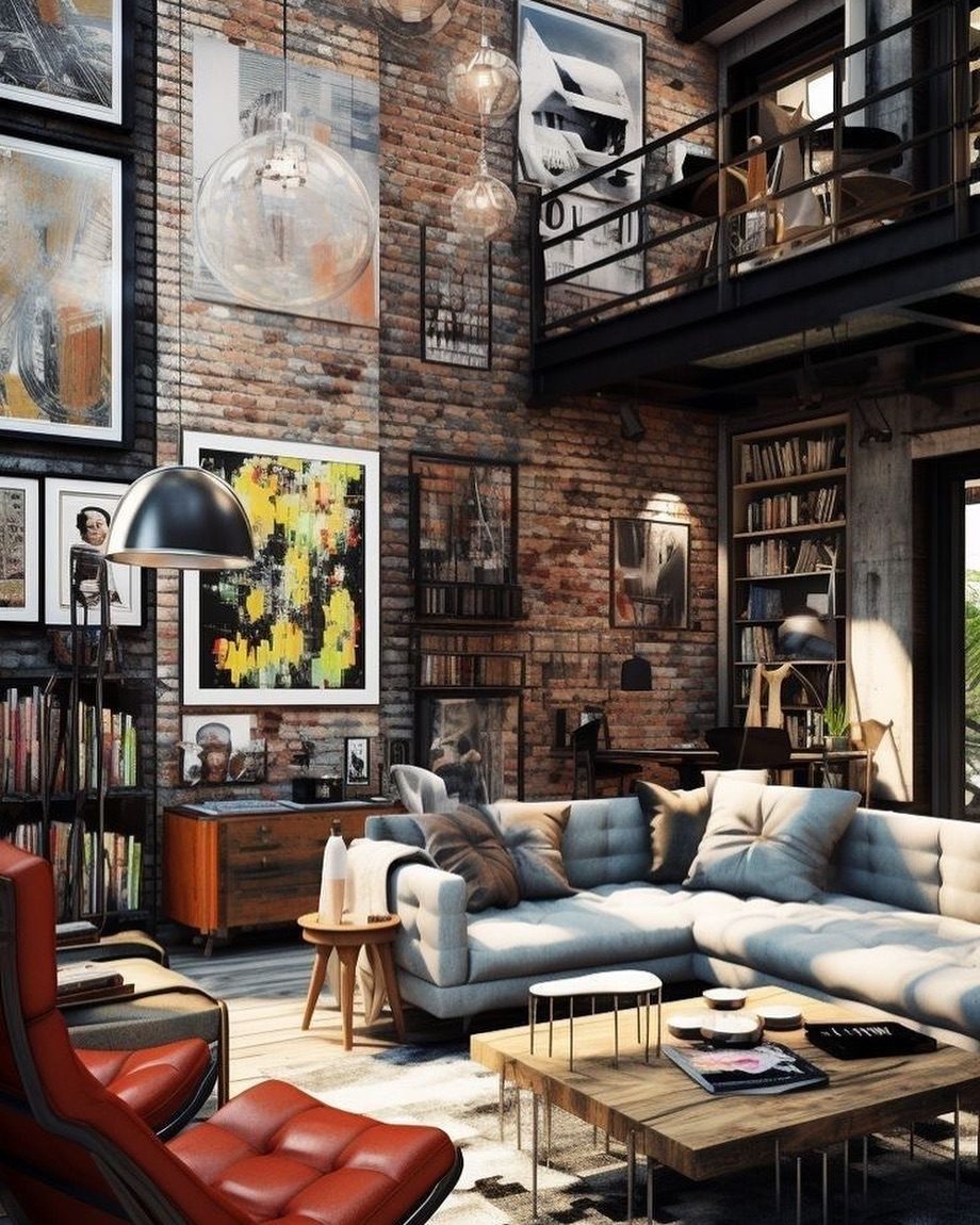 Loft-style living room with exposed brick walls and modern furniture