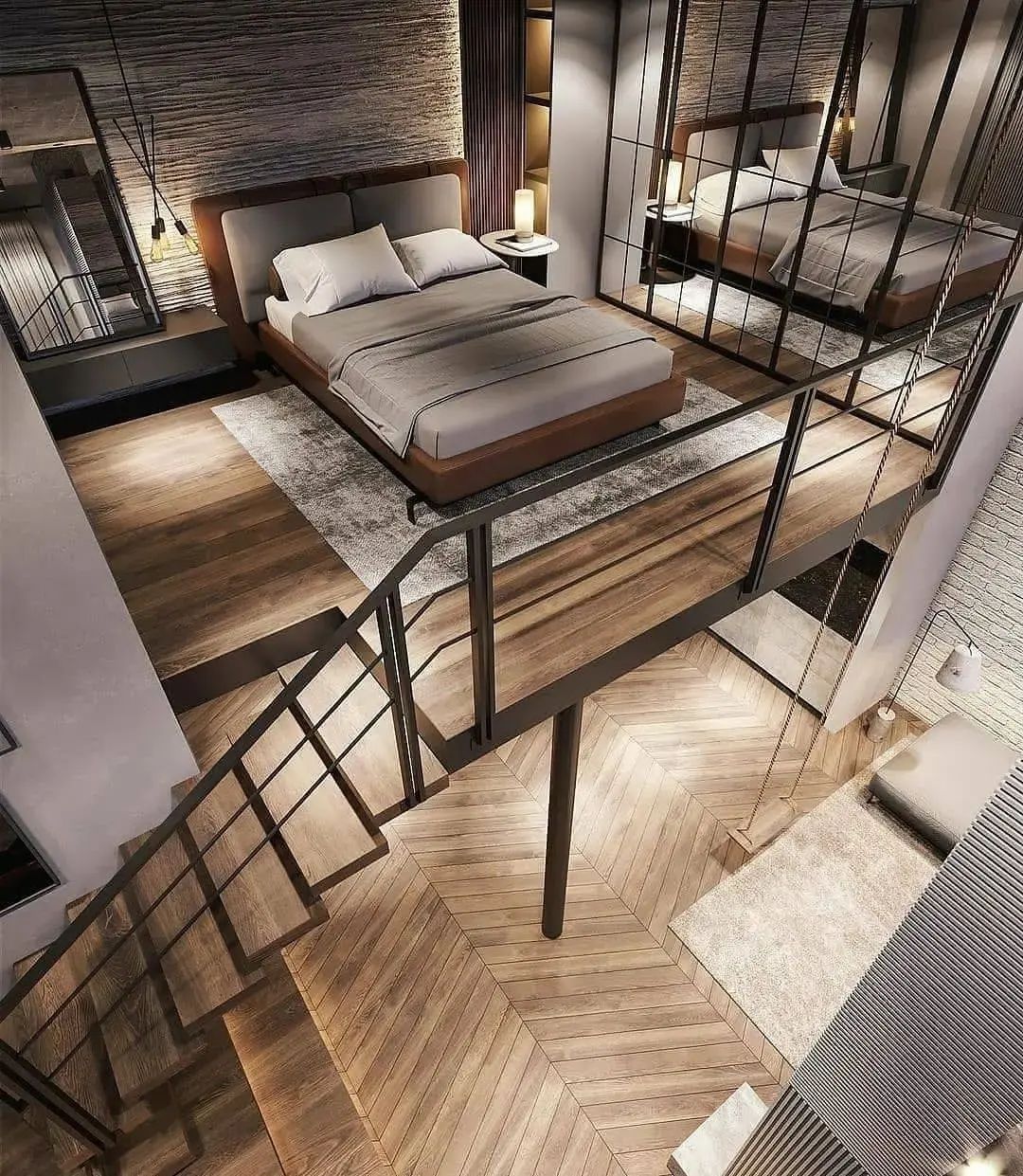 A modern loft-style bedroom with a suspended bed platform