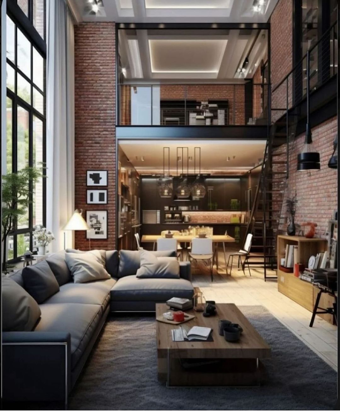 Loft style living room with high ceilings and exposed brick