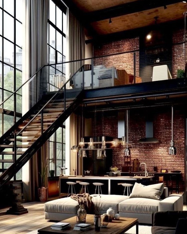 Loft Style Interior with High Ceilings and Industrial Elements