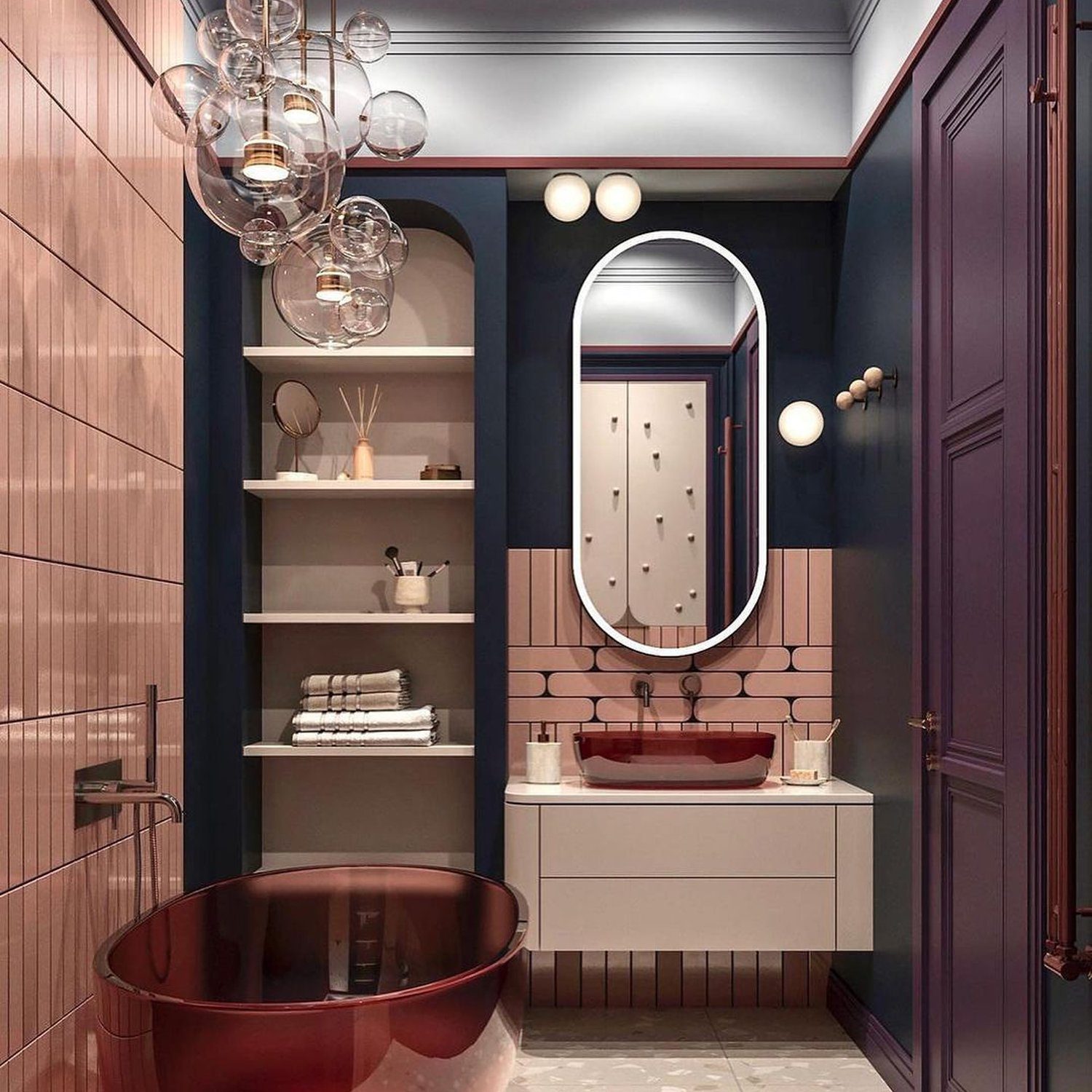 A sophisticated bathroom featuring a bold red freestanding bathtub and geometric tiles.