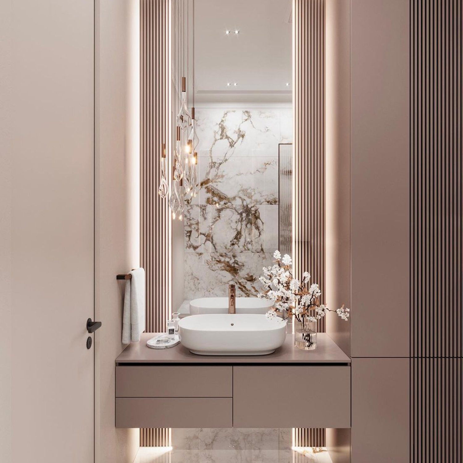 Elegant bathroom with marble and wood accents