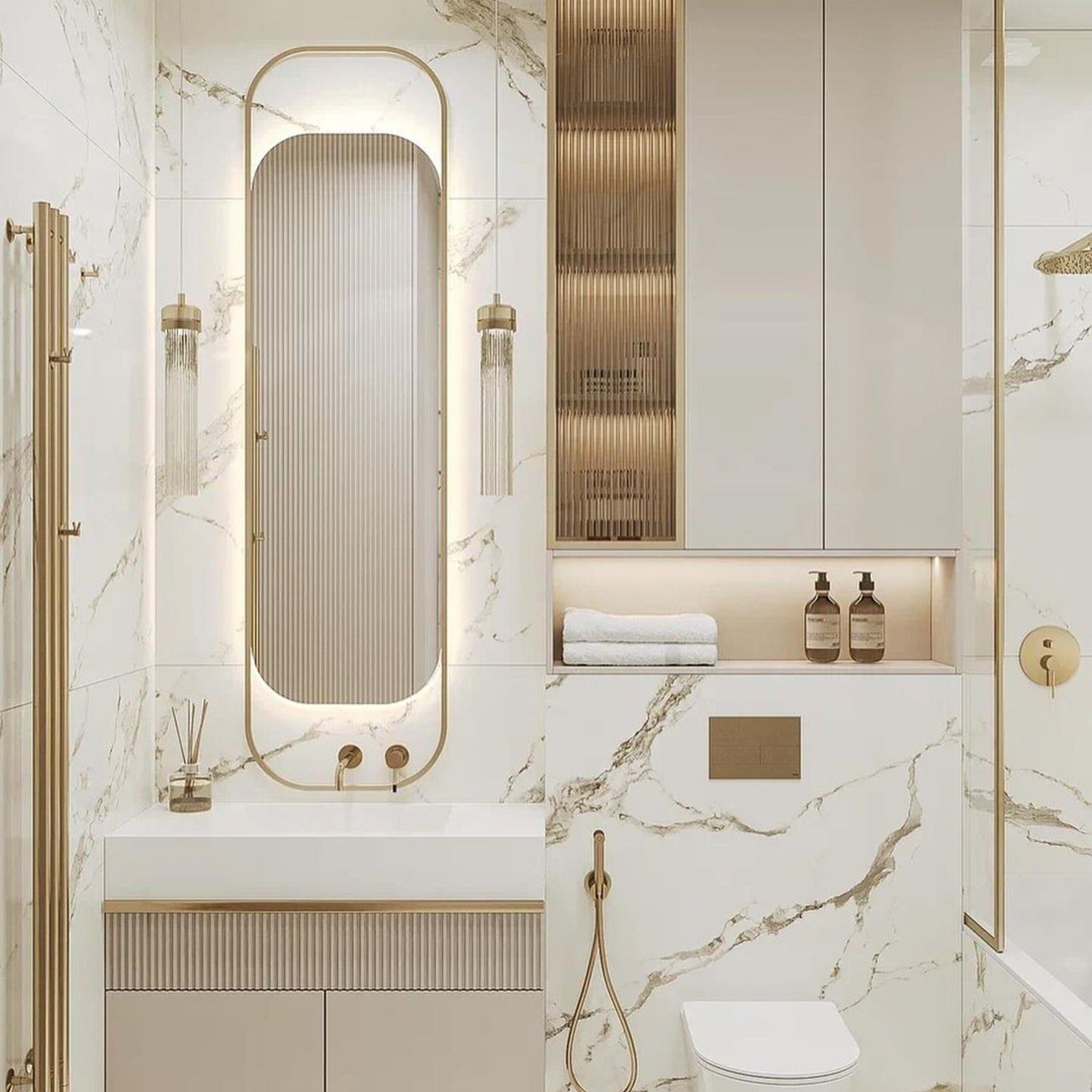 Elegant marble bathroom with golden accents