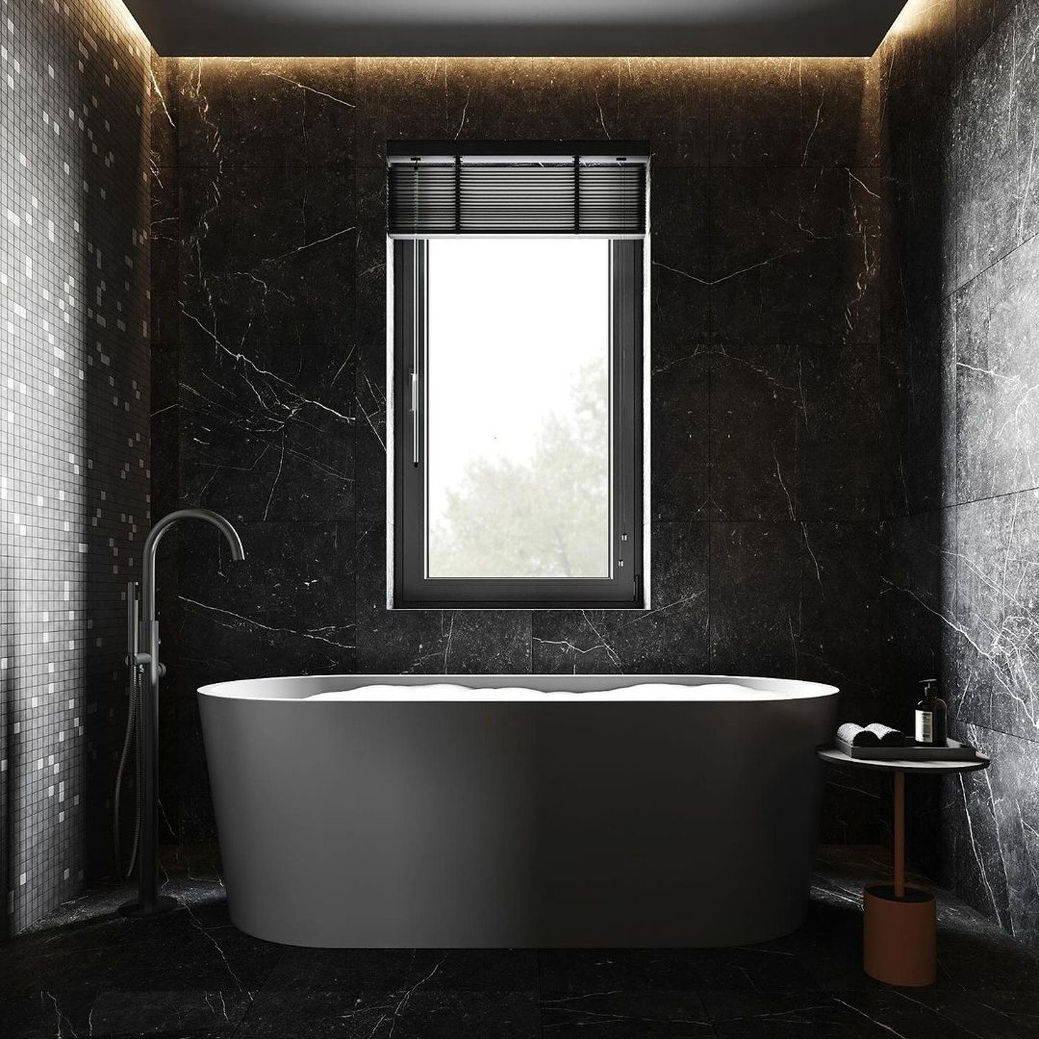 Elegant black marble bathroom with a freestanding bathtub