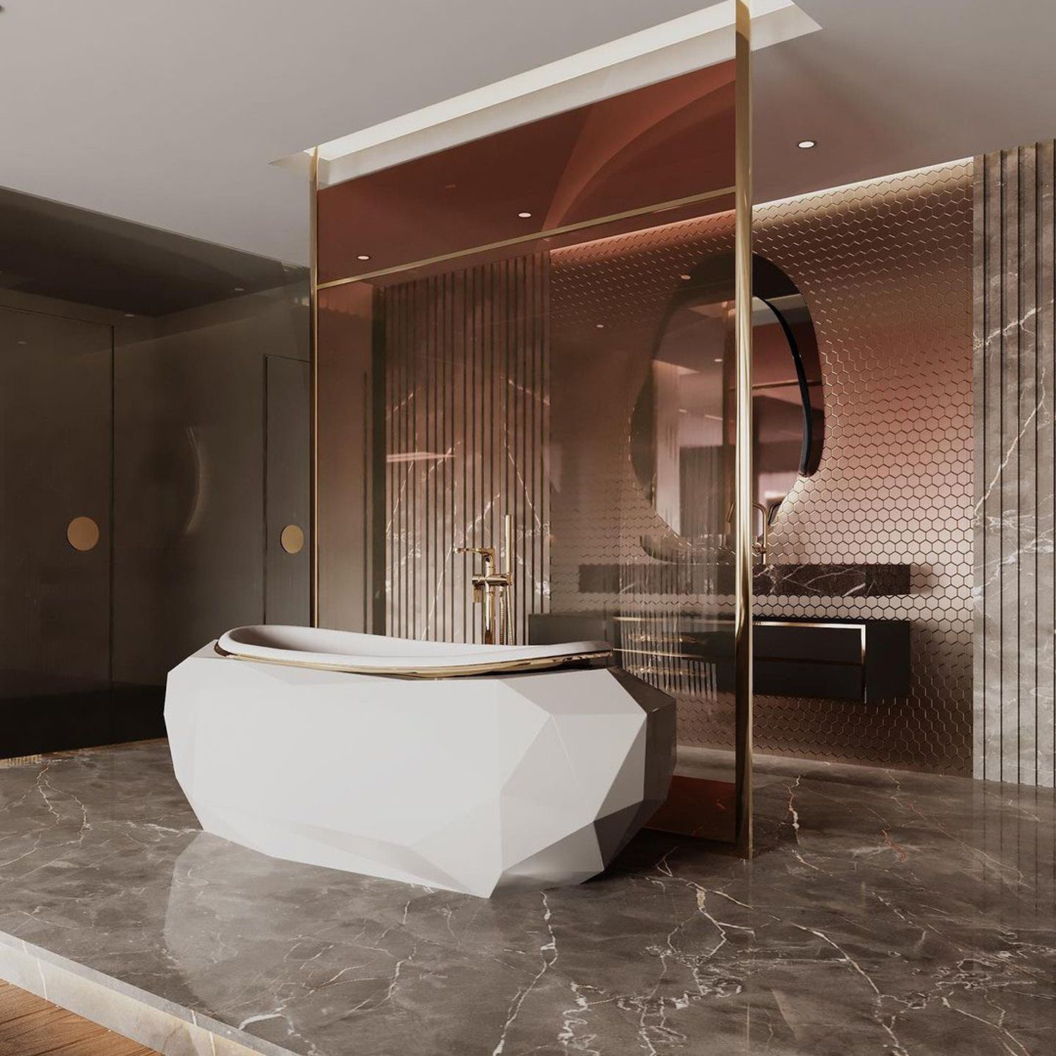 A modern luxury bathroom featuring a geometric freestanding tub, marble flooring, warm ambient lighting, and gold accents, exuding elegance and sophistication.