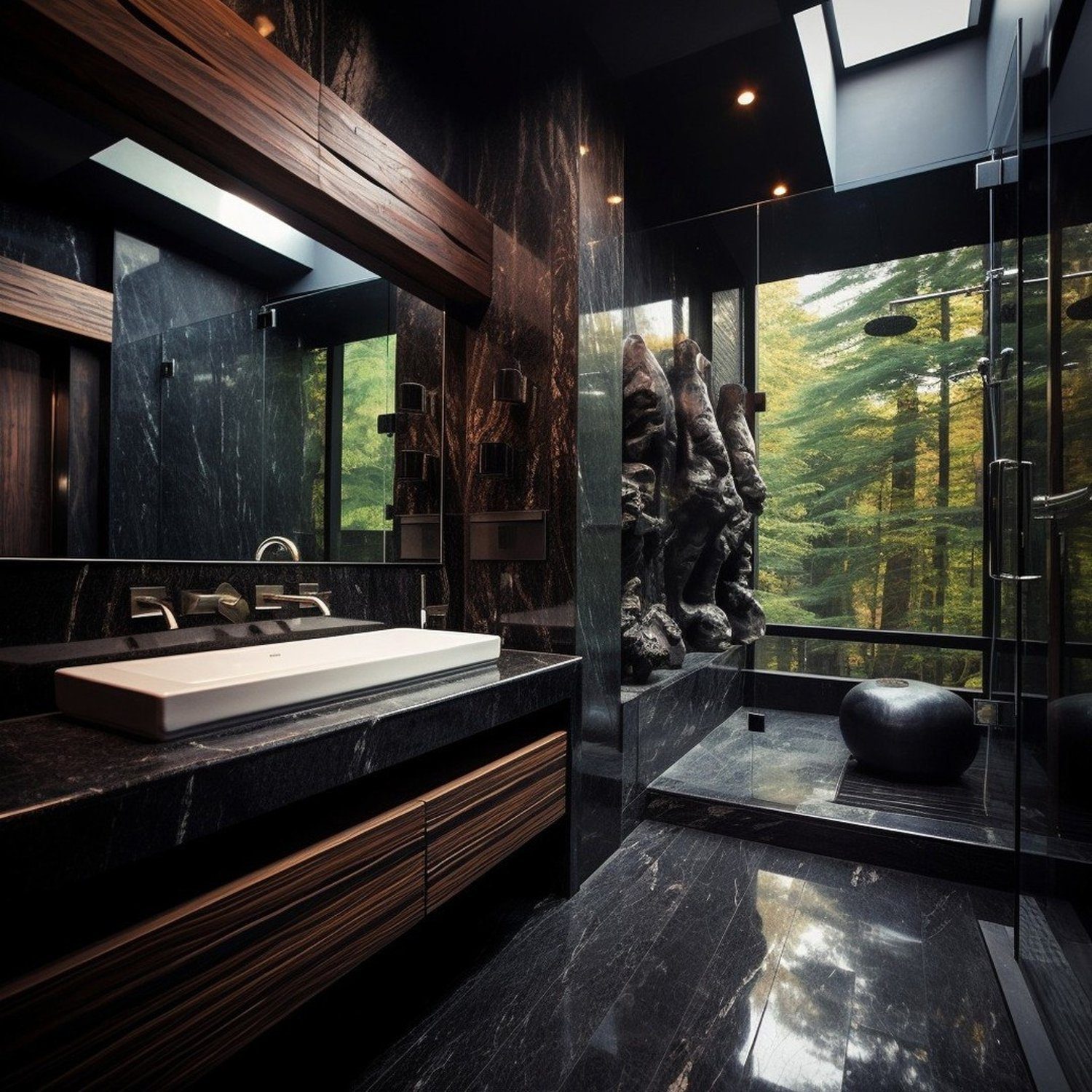 A luxurious bathroom featuring dark marble