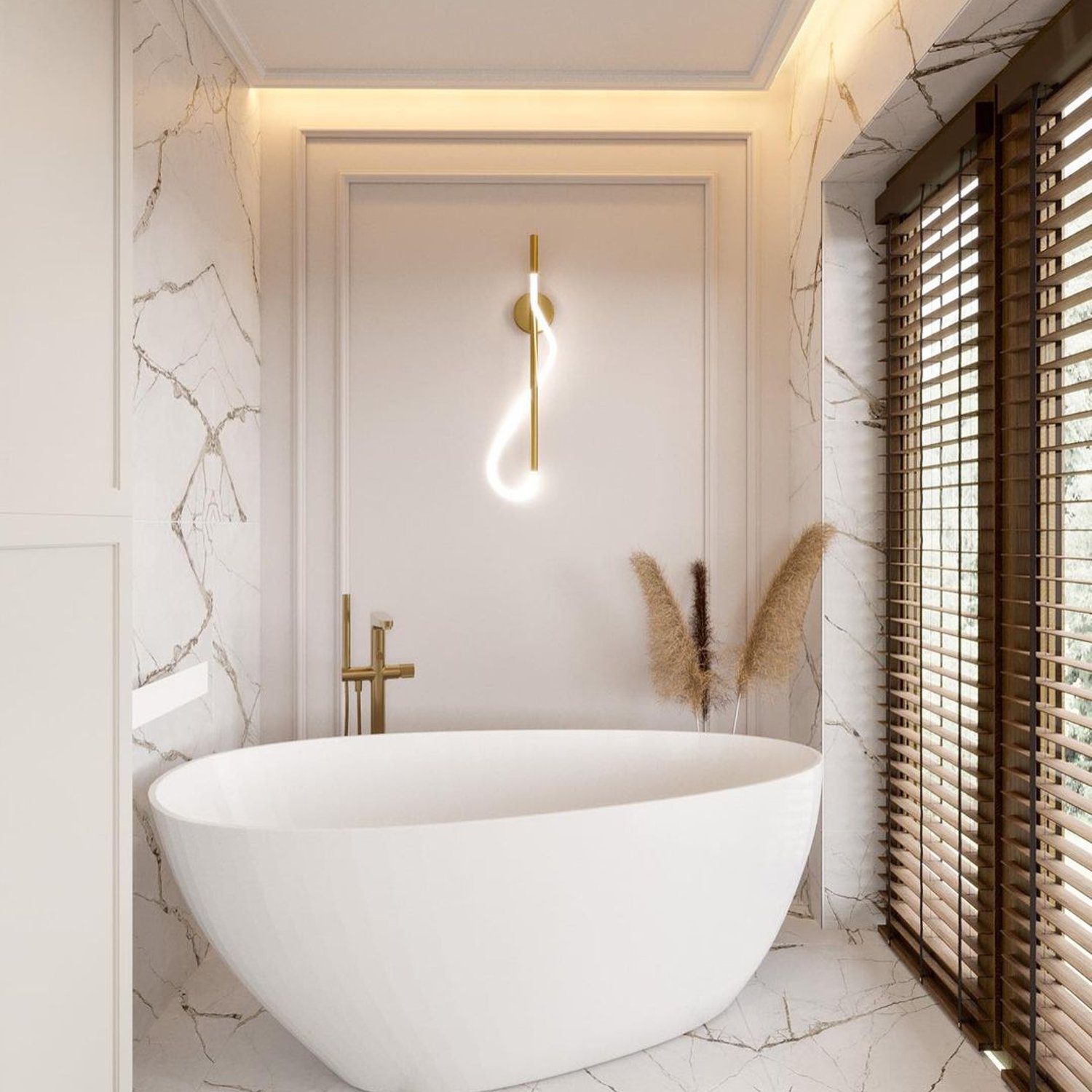 Elegant white freestanding bathtub in a luxurious bathroom with marble details and wooden blinds