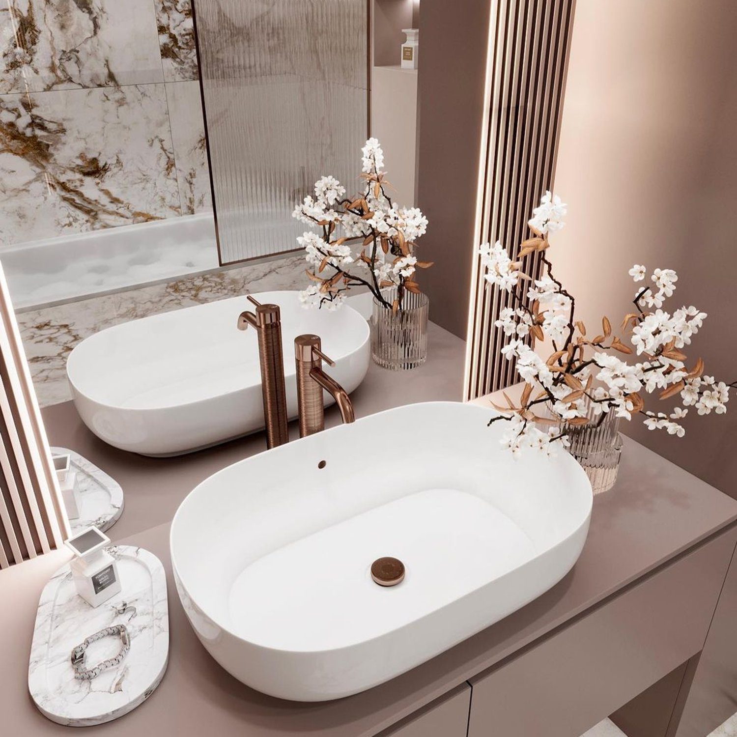 An elegantly designed bathroom featuring marble accents