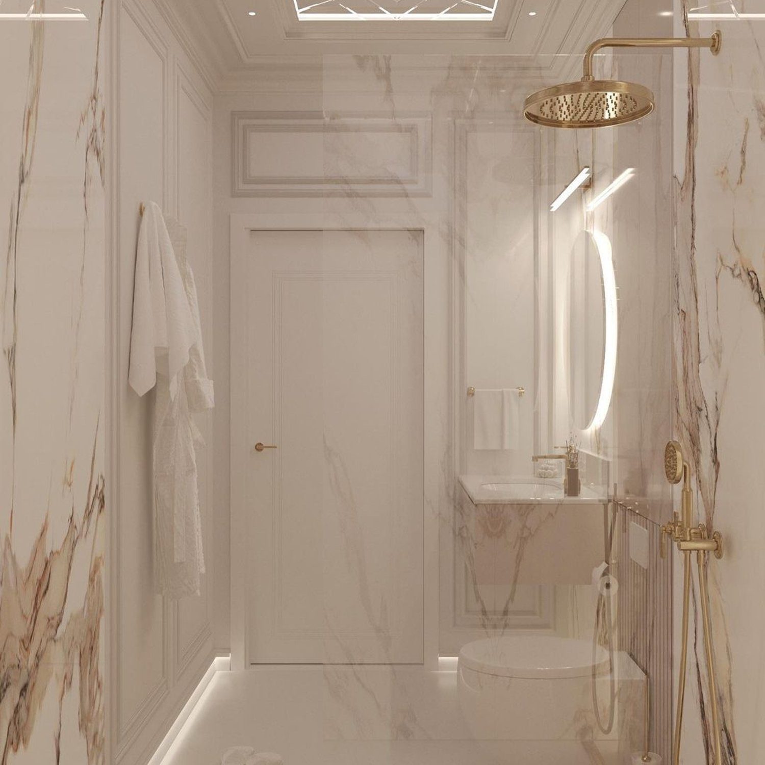 Elegant marble bathroom with golden accents