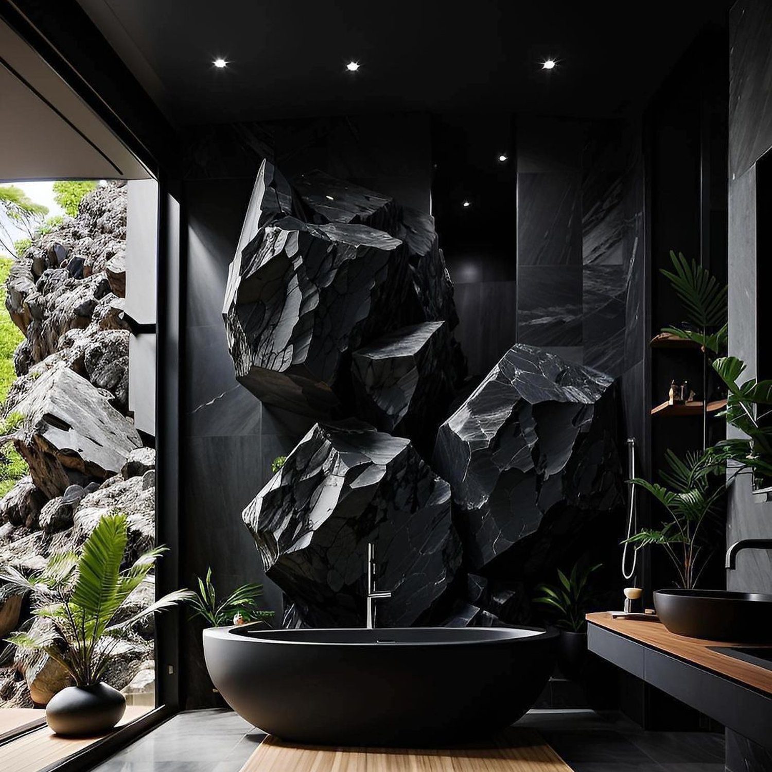 A modern bathroom featuring a black freestanding tub and a stunning rock formation as the backdrop