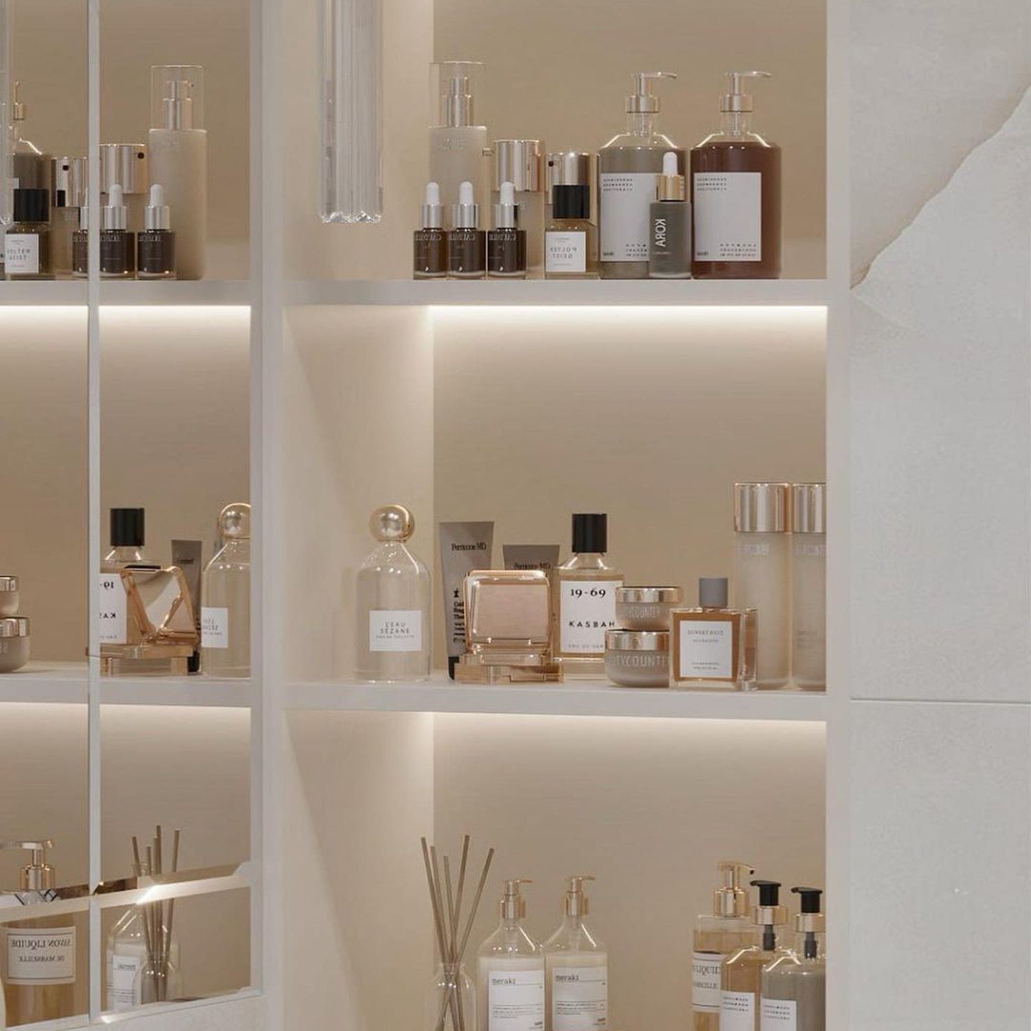 Elegant display of beauty products on lit shelves