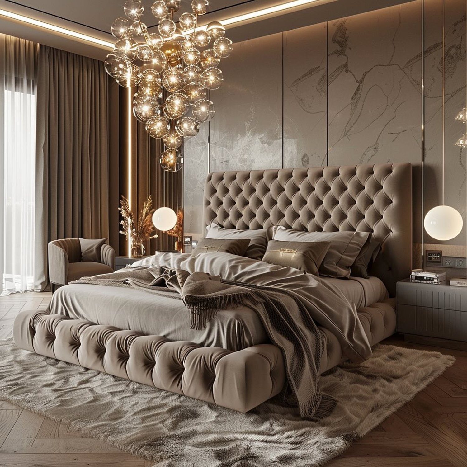 Elegant and plush bedroom with tufted bed and luxurious chandelier