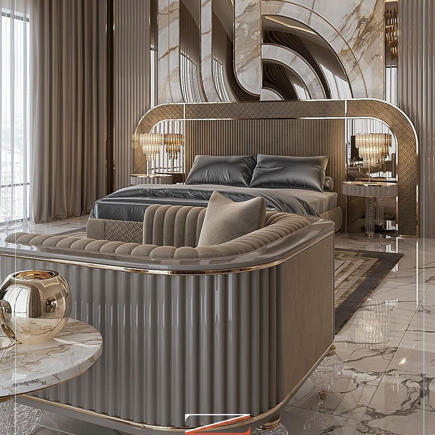 Luxurious bedroom with plush textures and metallic accents