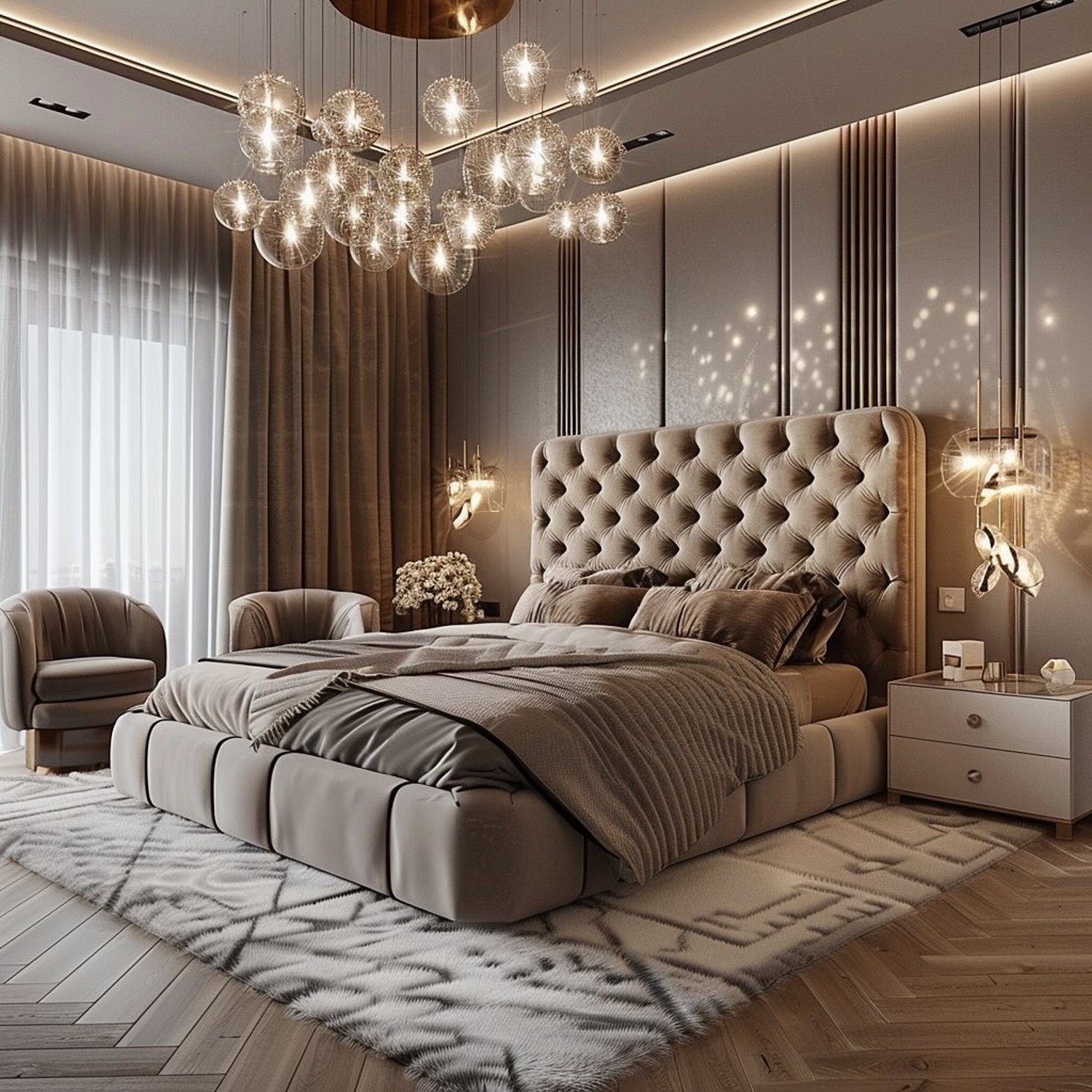 Elegant and cozy bedroom with sophisticated lighting