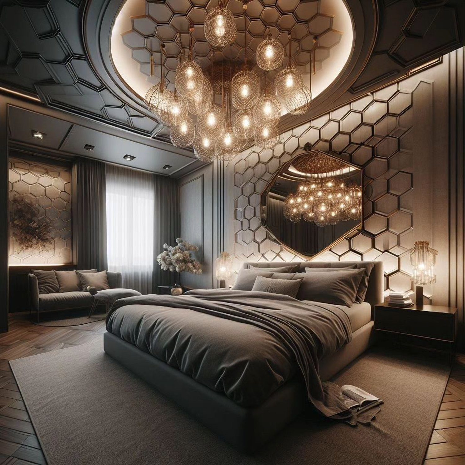 Elegant monochrome bedroom with geometric design elements