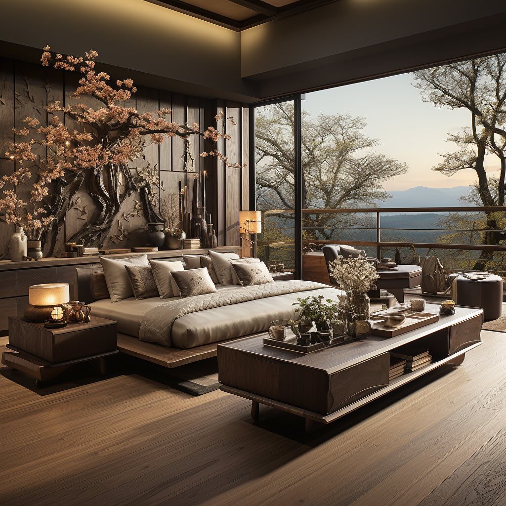 A harmonious blend of nature and design in a luxurious bedroom