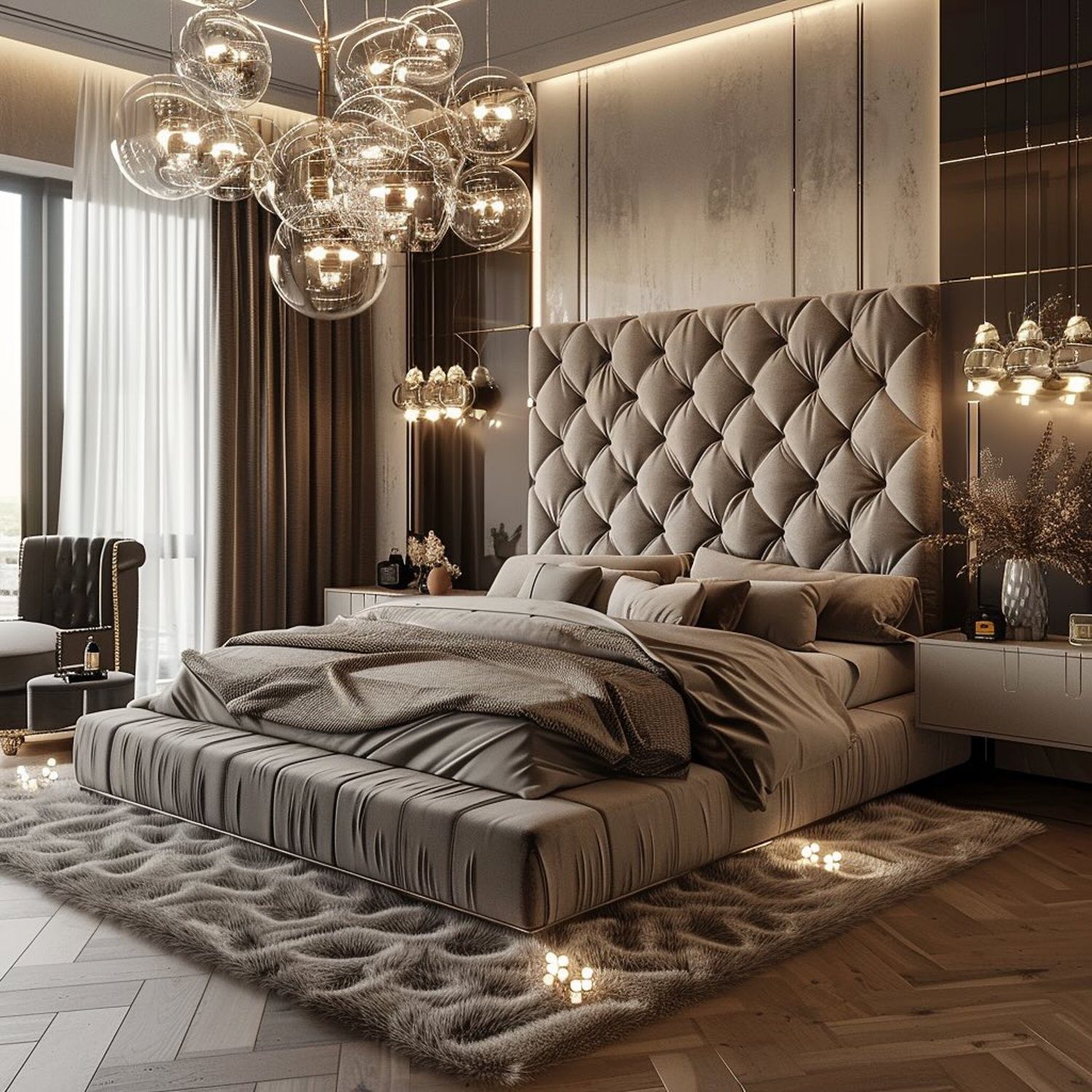 Luxurious bedroom with a plush tufted headboard