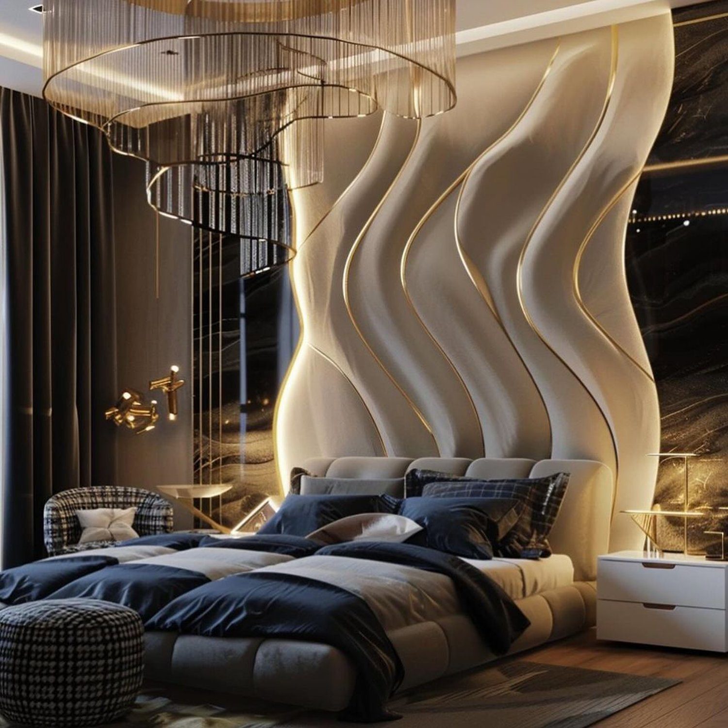 Elegant and modern bedroom design with sculptural wall details