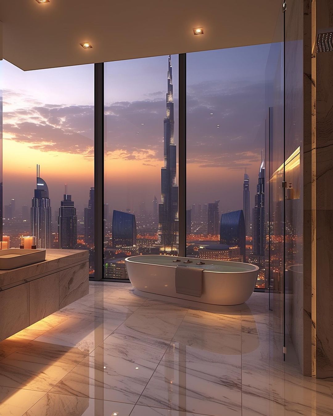 A luxuriously appointed bathroom with floor-to-ceiling windows offering a breathtaking cityscape view