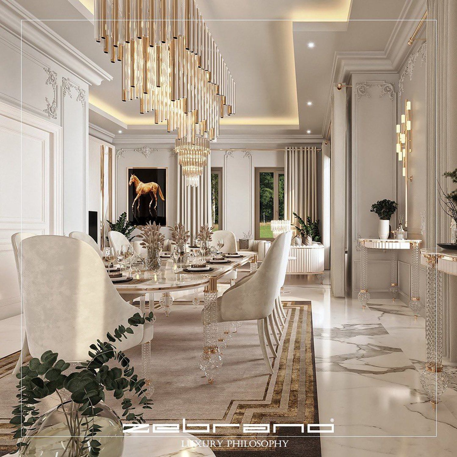 Luxurious classical dining room with modern lighting