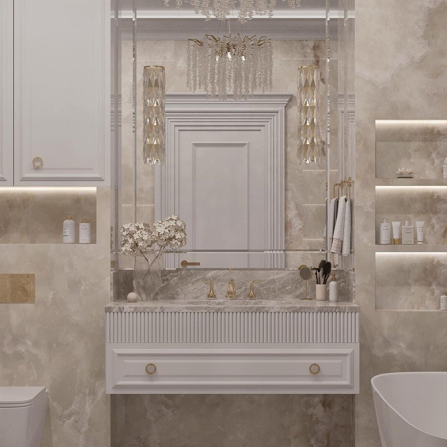 Elegant and modern bathroom design with creamy tones and luxurious finishes.